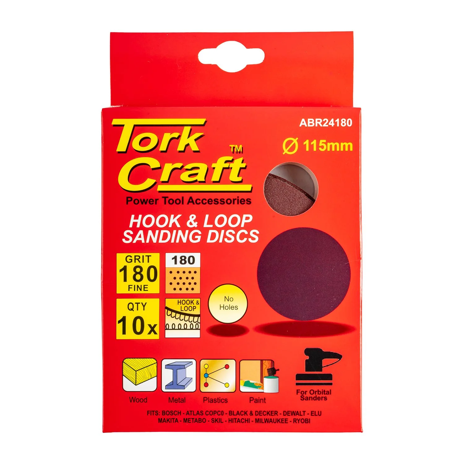 ABR24180.webp SANDING DISC 115MM 180 GRIT 10/PACK HOOK AND LOOP - Image 1