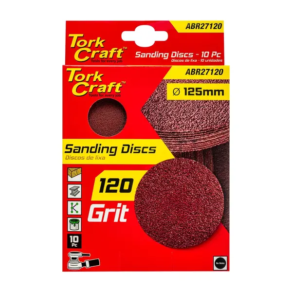SANDING DISC 125MM NO HOLE 120 GRIT 10/PACK HOOK AND LOOP
