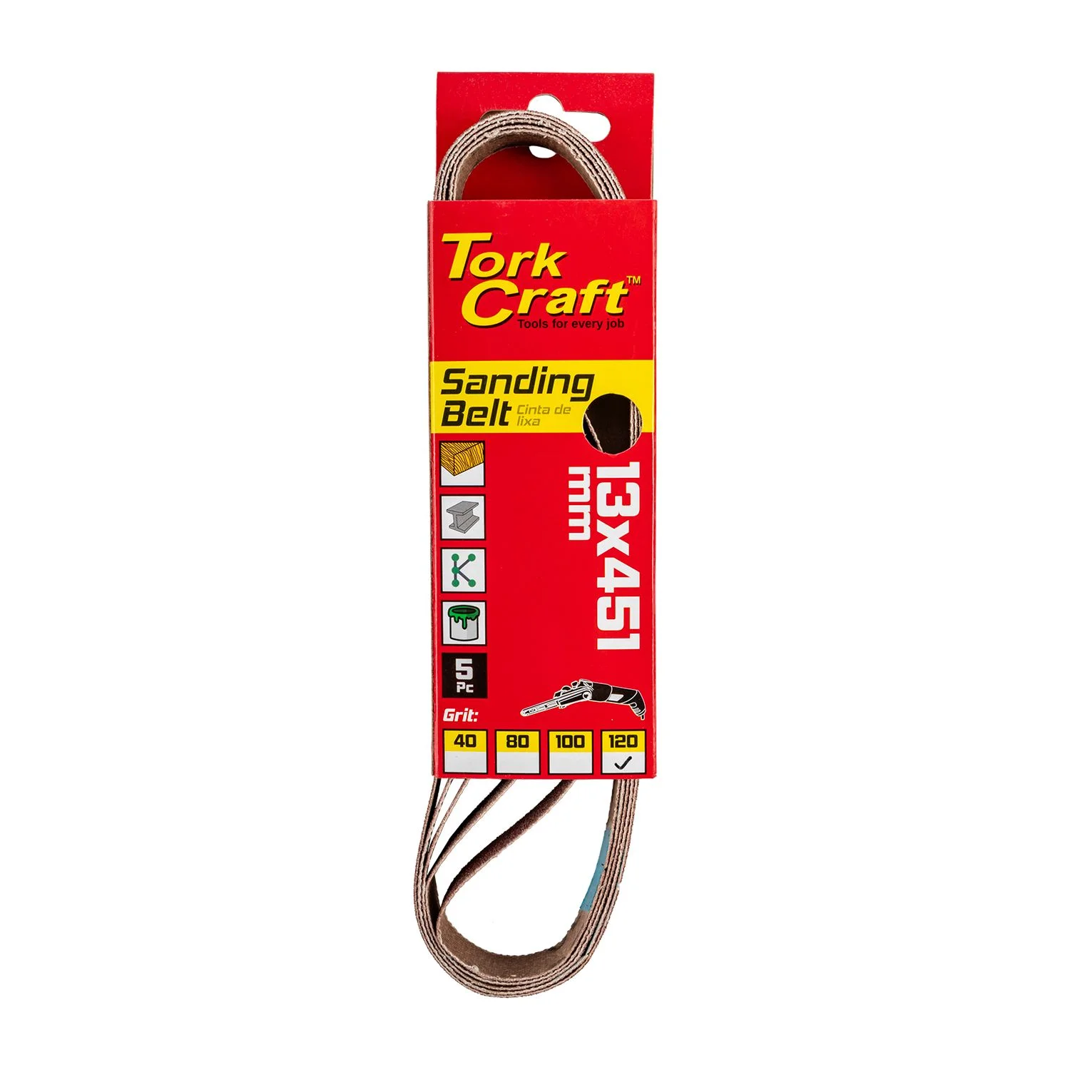 ABR93120.webp POWERFILE SANDING BELT 13 X 451MM 120 GRIT 5/PK - Image 1