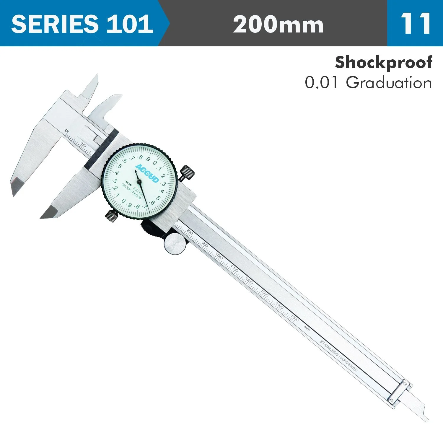 AC101-008-11.webp DIAL CALIPER 200MM 0.03MM ACC. 0.01MM GRAD. S/STEEL SHOCKPROOF - Image 1
