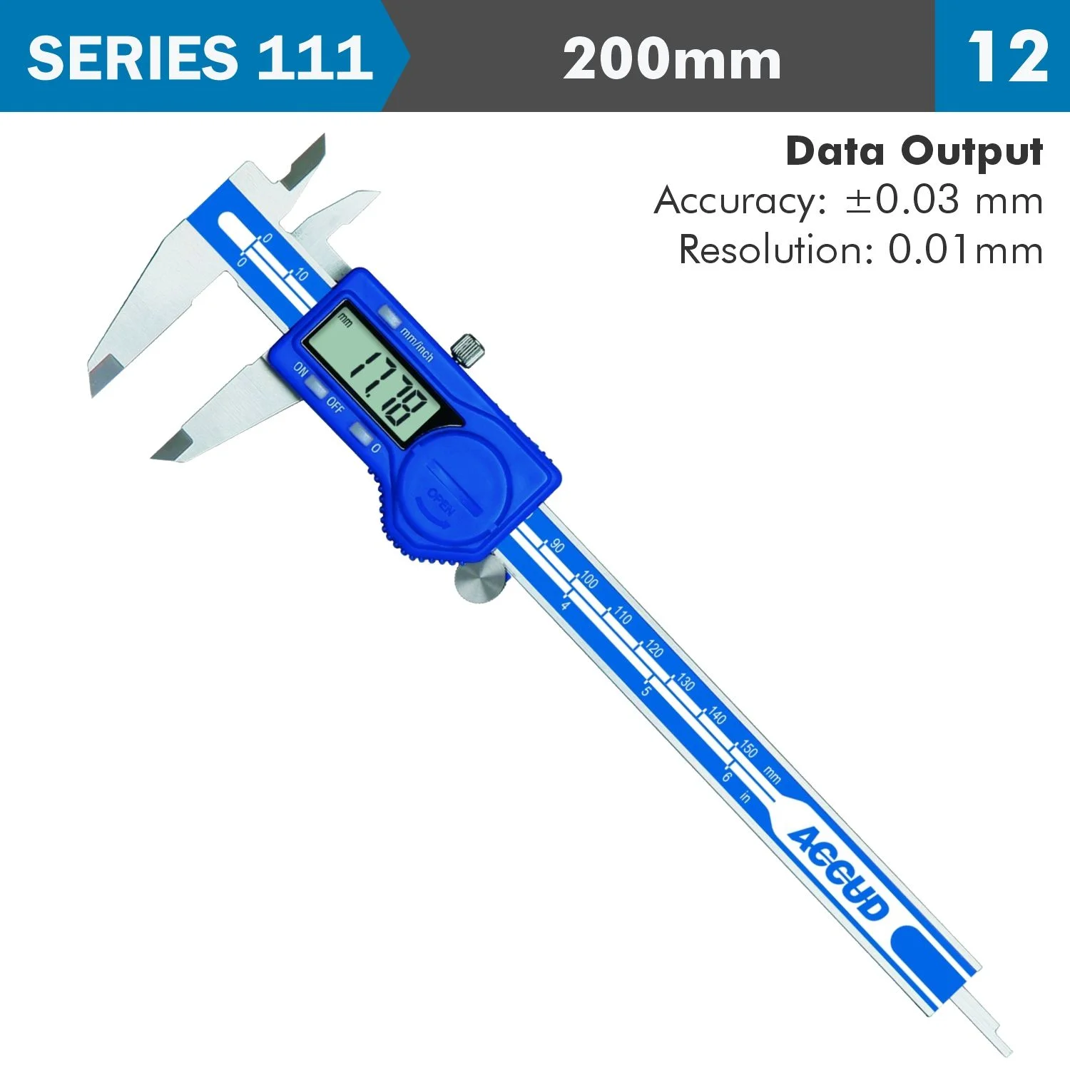 AC111-008-12.webp DIG. CALIPER 200MM 0.03MM ACC. S/STEEL 0.01MM RES. - Image 1