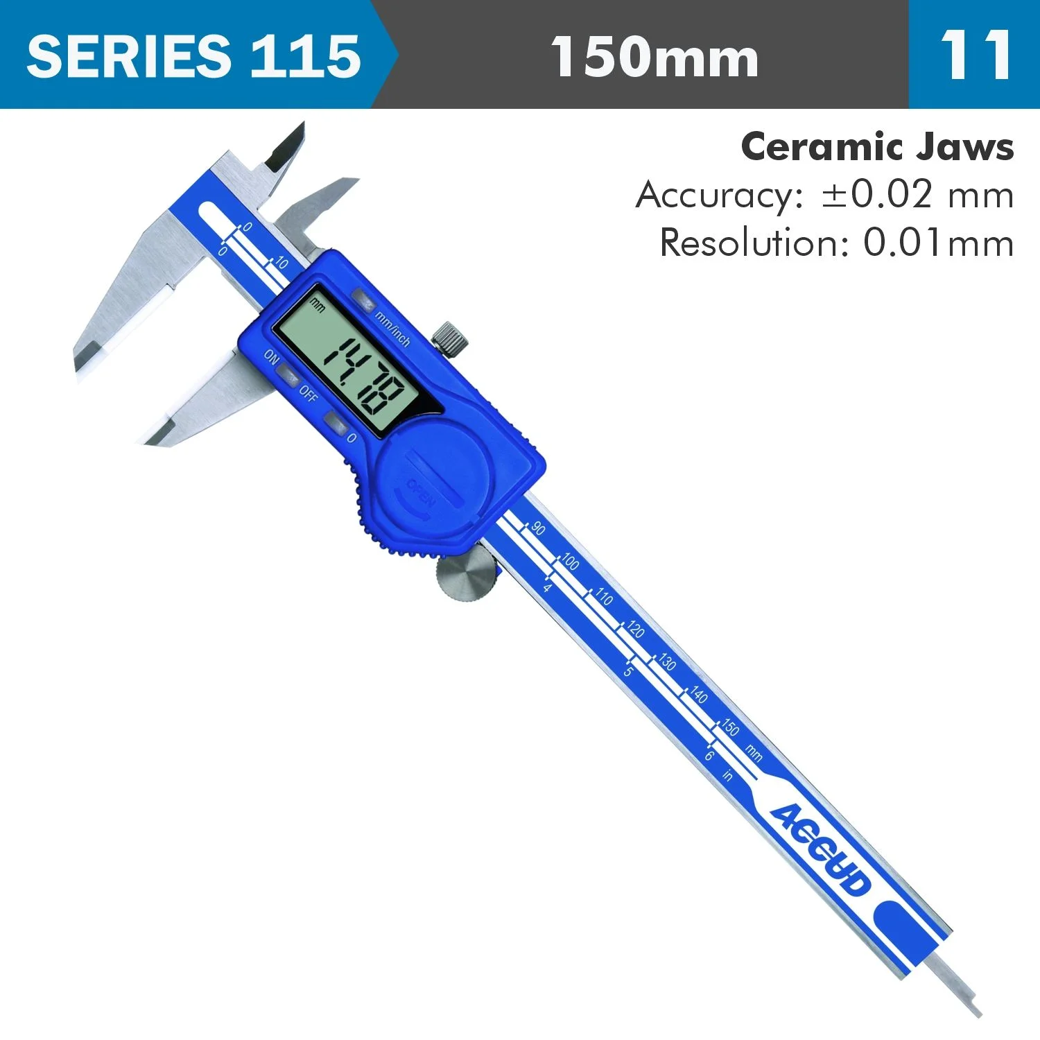 AC115-006-11.webp DIG. CALIPER 150MM 0.02MM ACC. CERAM. JAWS S/STEEL 0.01MM RES. - Image 1