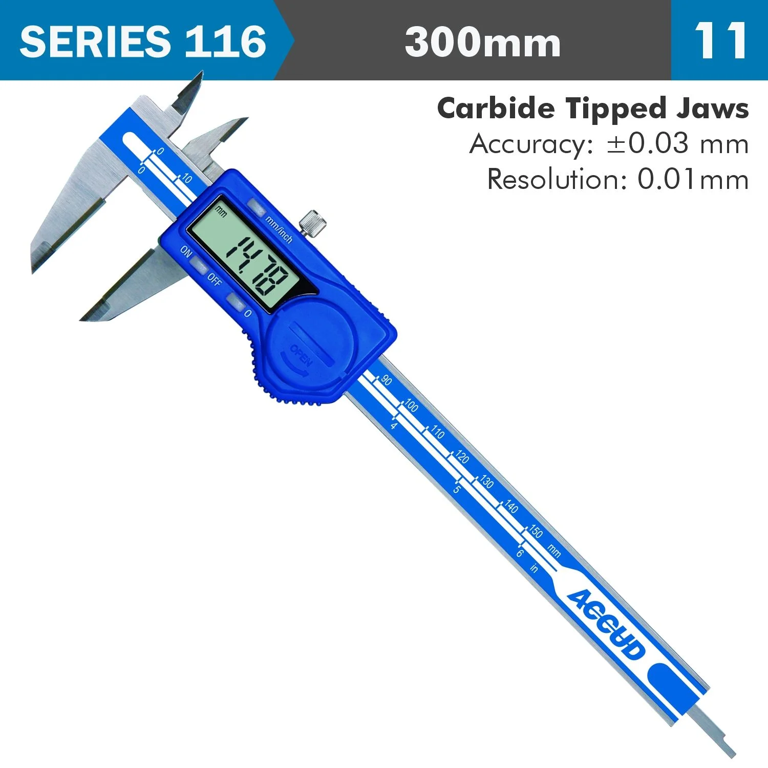 AC116-012-11.webp DIG. CALIPER 300MM 0.03MM ACC. TCT JAWS S/STEEL 0.01MM RES. - Image 1