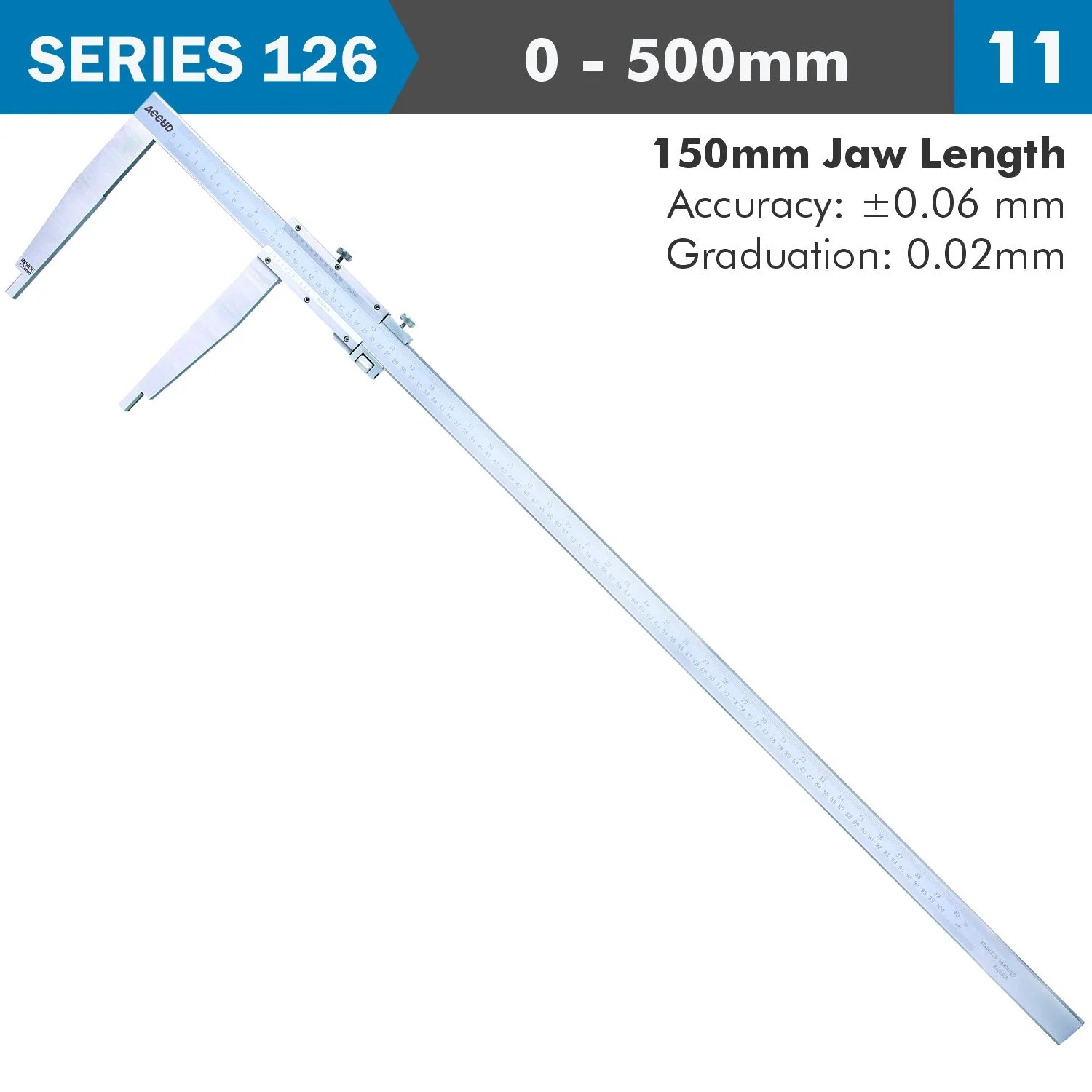 AC126-020-11.webp VERNIER CALIPER 500MM 0.06MM ACC. 150MM 0.02MM GRAD S/STEEL - Image 1