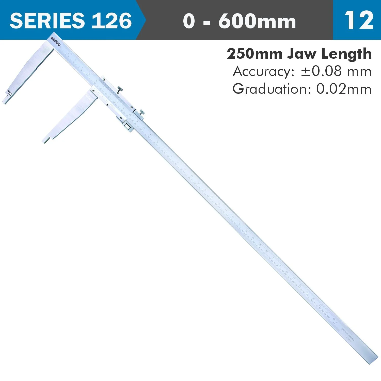 AC126-024-12.webp VERNIER CALIPER 600MM 0.08MM ACC. 250MM 0.02MM GRAD S/STEEL - Image 1