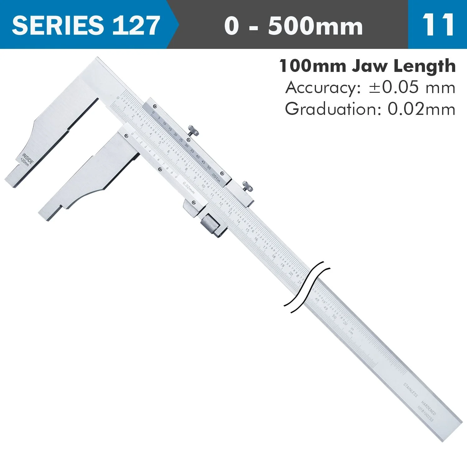 AC127-020-11.webp VERNIER CALIPER 500MM 0.05MM ACC. 100MM 0.02MM GRAD S/STEEL - Image 1