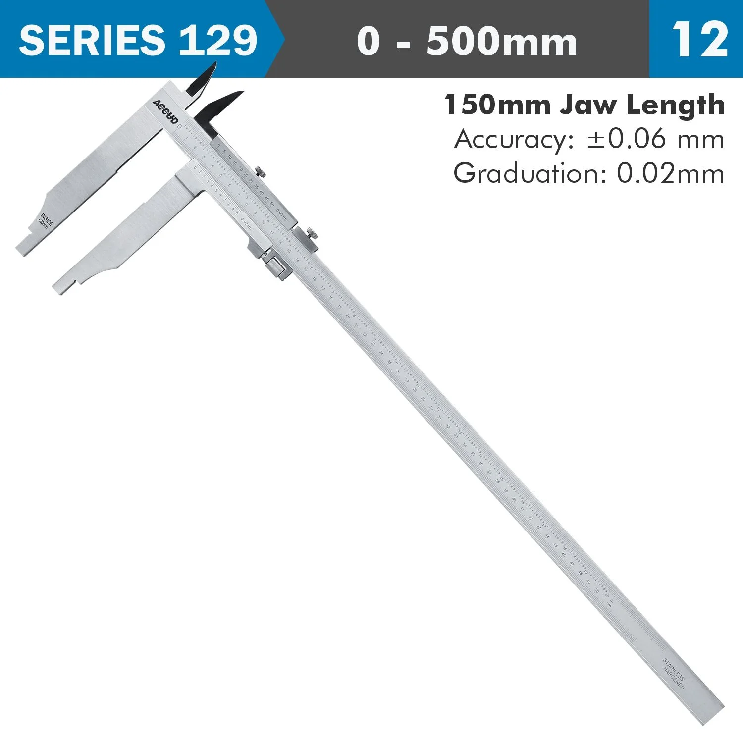 AC129-020-12.webp VERNIER CALIPER 500MM 0.06MM ACC. 150MM 0.02MM GRAD S/STEEL - Image 1