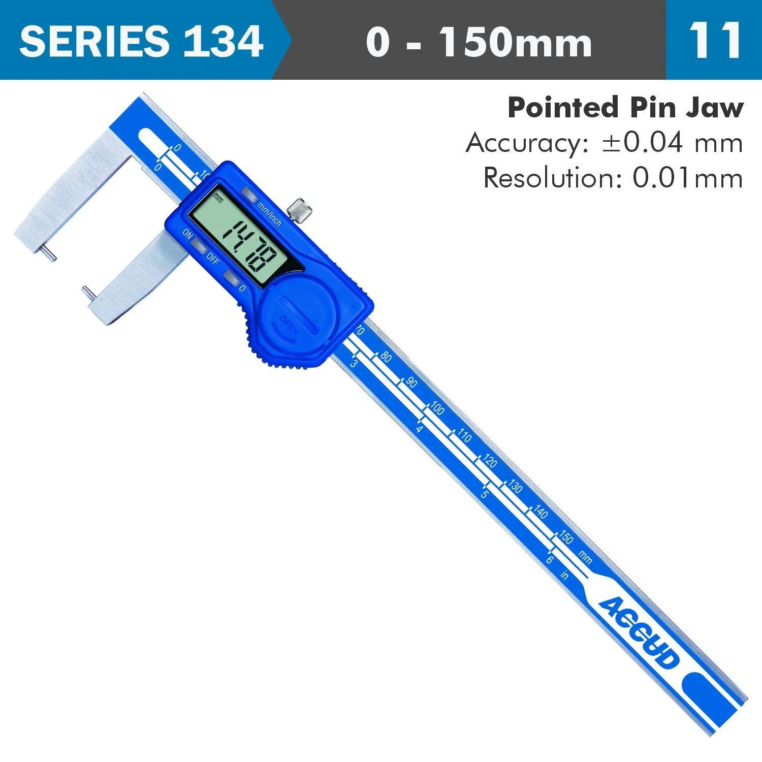 AC134-006-11.webp DIG. CALIPER 150MM 0.04MM ACC. OUTSIDE POINT 0.01MM RES. S/STEEL - Image 1
