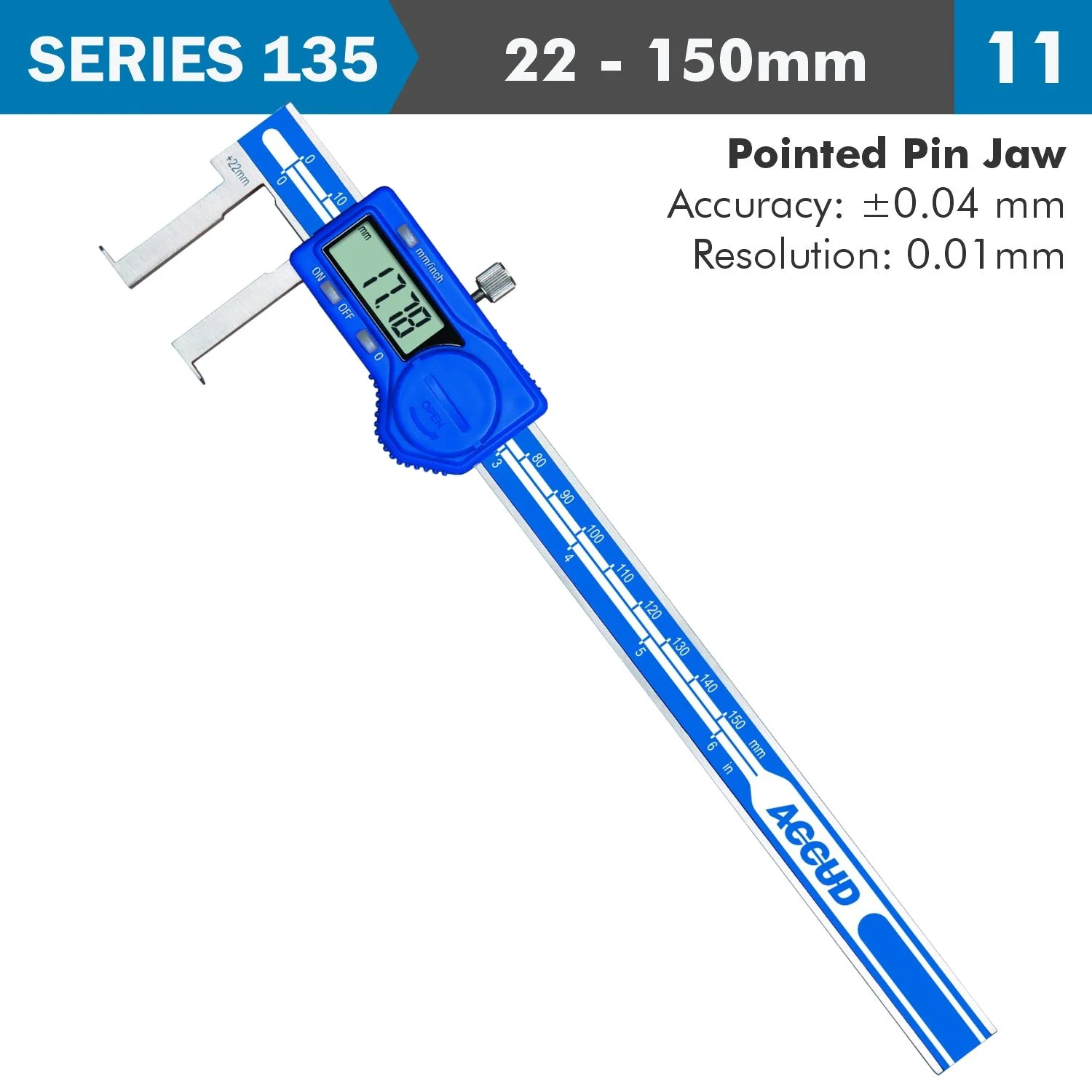 AC135-006-11.webp DIG. CALIPER 22-150MM 0.04MM ACC. INSIDE NECK 0.01MM RES. S/STEEL - Image 1