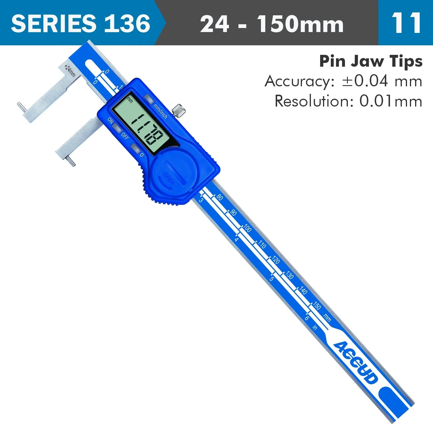 AC136-006-11.webp DIG. CALIPER 24-150MM 0.04MM ACC. INSIDE POINT 0.01MM RES. S/STEEL - Image 1
