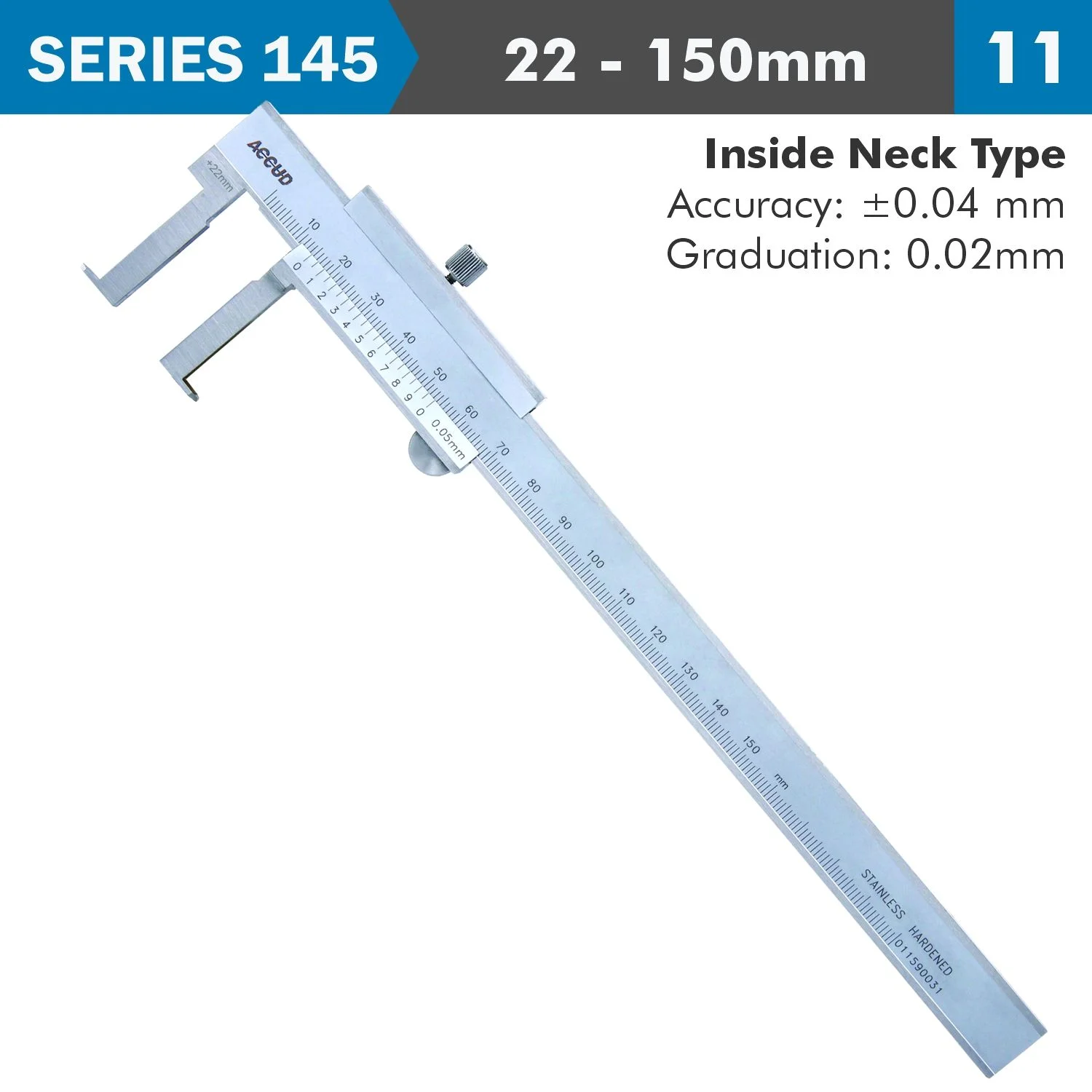 AC145-006-11.webp VERNIER CALIPER 22-150MM 0.04MM ACC. 0.02MM GRAD. INSIDE NECK S/STEEL - Image 1