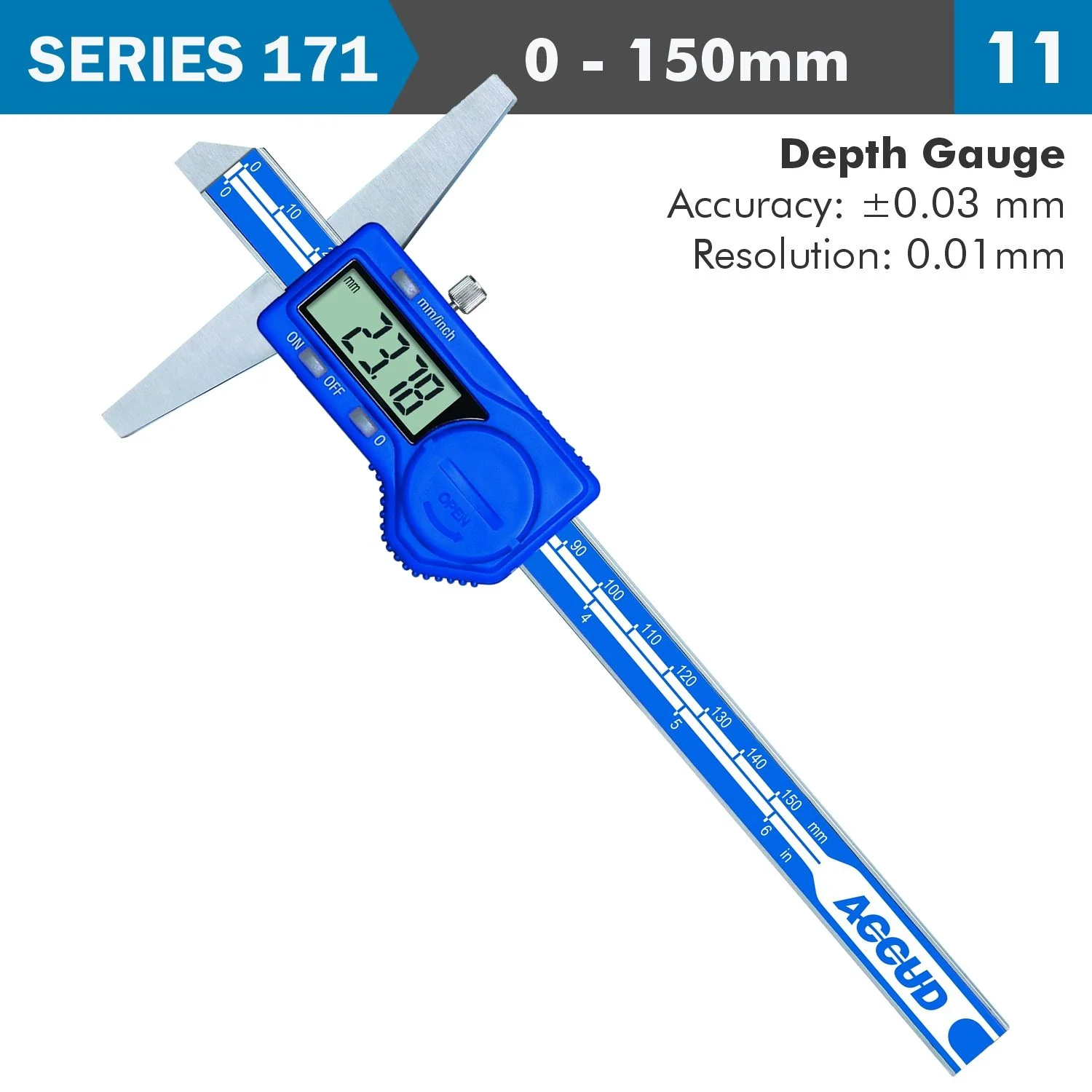 AC171-006-11.webp DIGITAL DEPTH GAUGE 150MM 0.03MM ACC. 0.01MM RES. S/STEEL - Image 1