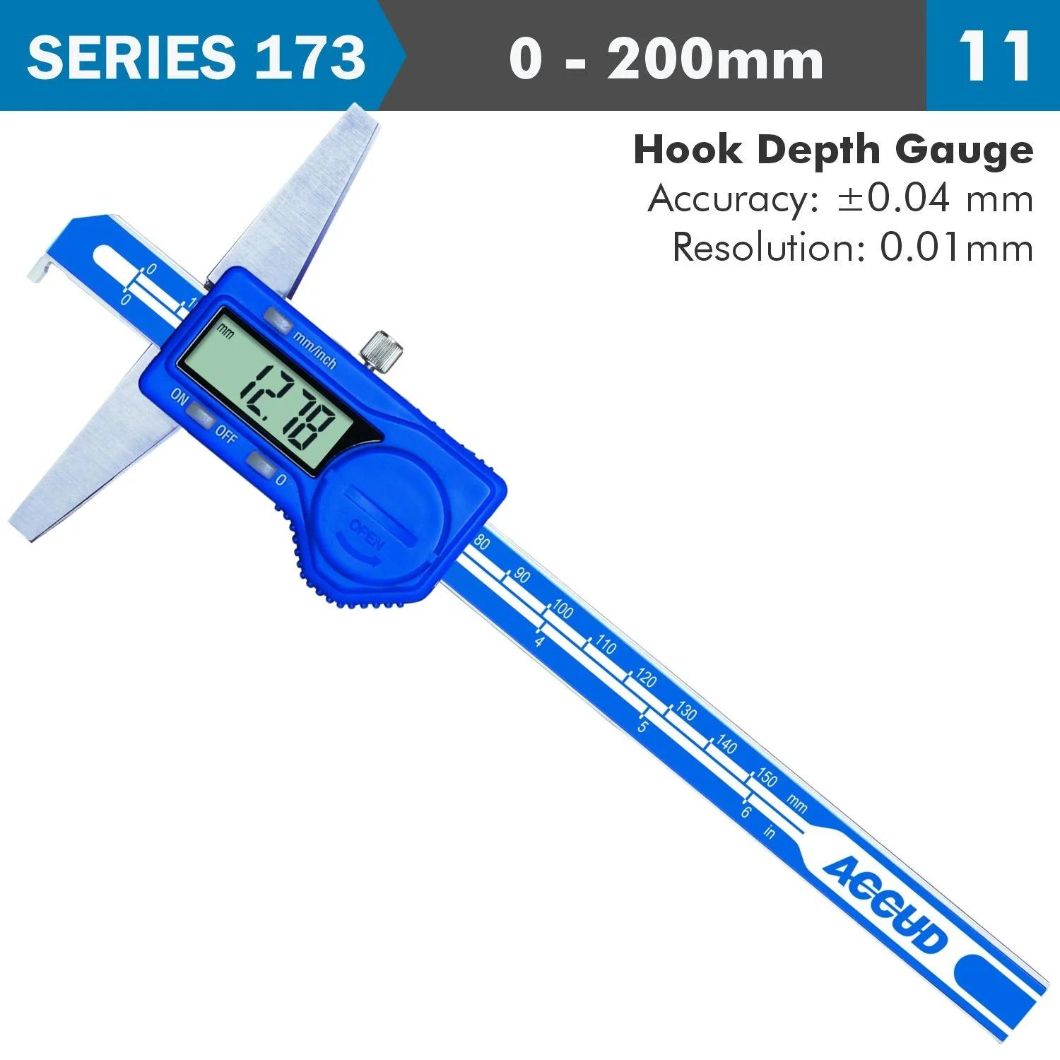 AC173-008-11.webp DIG. CALIPER 200MM 0.04MM ACC. HOOK DEPTH 0.01MM RES. S/STEEL - Image 1