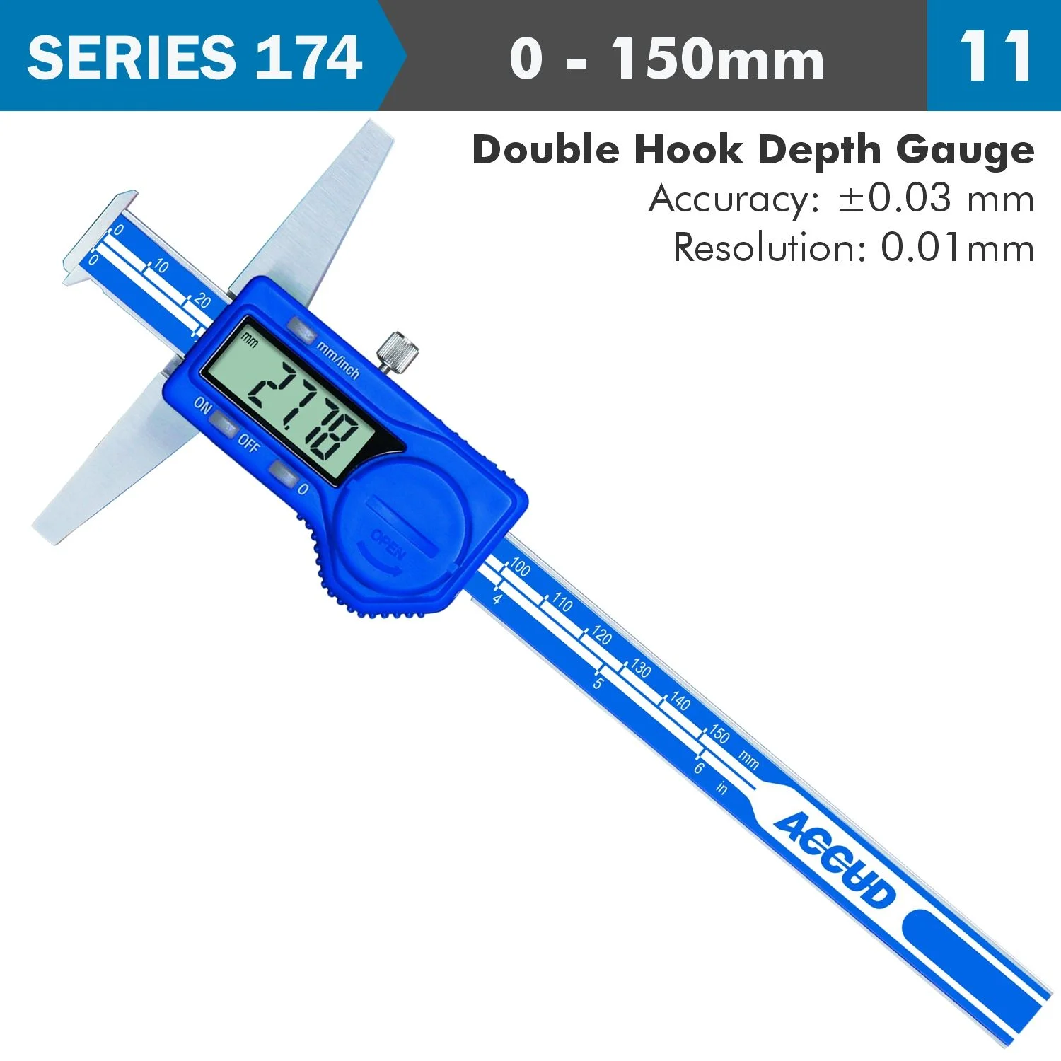 AC174-006-11.webp DIG. CALIPER 150MM 0.03MM ACC. DOUBLE HOOK DEPTH 0.01MM RES. S/STEEL - Image 1