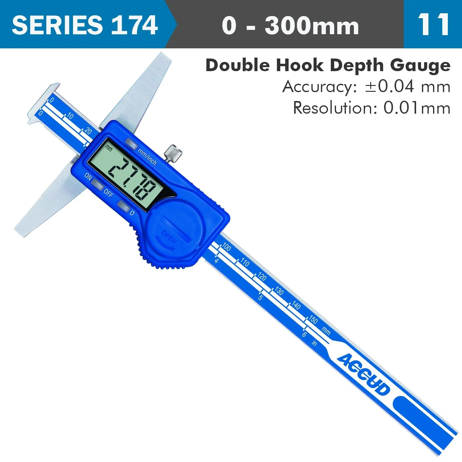 AC174-012-11.webp DIG. CALIPER 300MM 0.04MM ACC. DOUBLE HOOK DEPTH 0.01MM RES. S/STEEL - Image 1