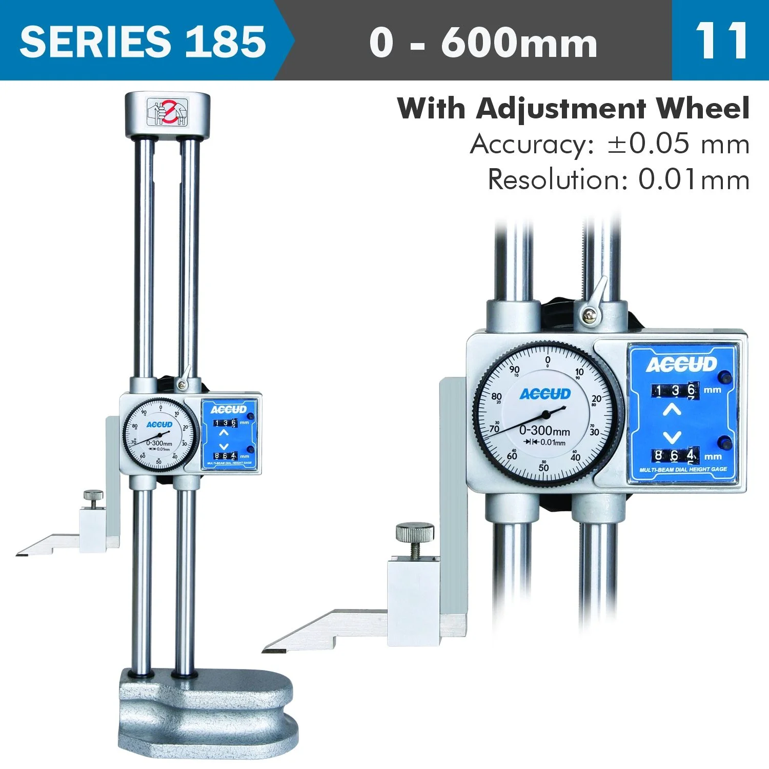 AC185-024-11.webp DIG. HEIGHT GAUGE 600MM 0.05MM ACC. DRIVING WHEEL 0.01MM GRAD. S/STEEL - Image 1