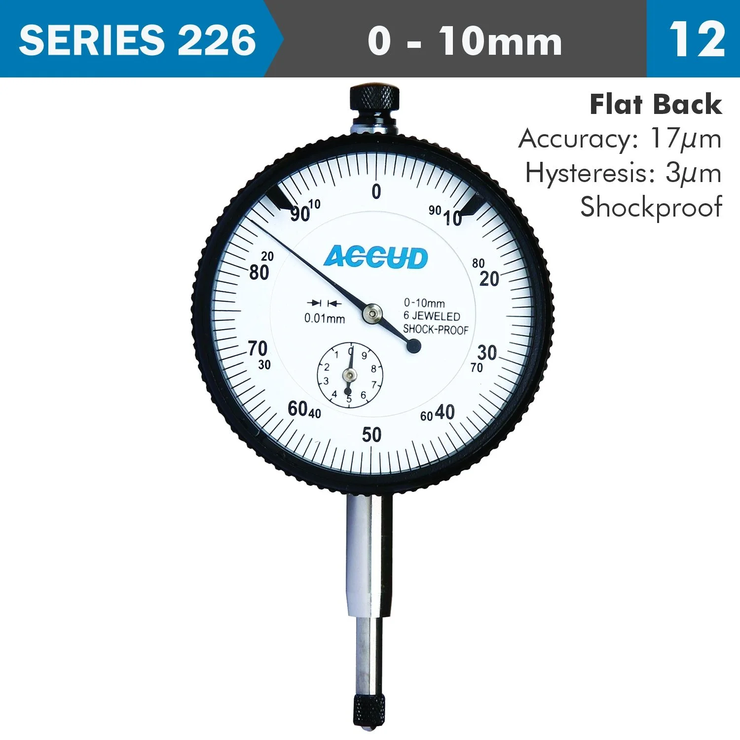 AC226-010-12.webp SHOCKPROOF DIAL INDICATOR FLAT BACK 10MM - Image 1