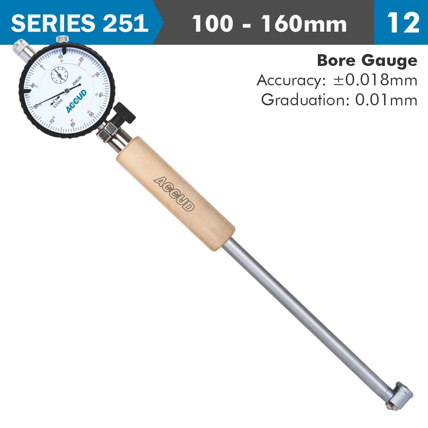 AC251-160-12.webp DIAL BORE GAUGE 100-160MM 0.018MM ACC. 0.001MM GRAD. - Image 1