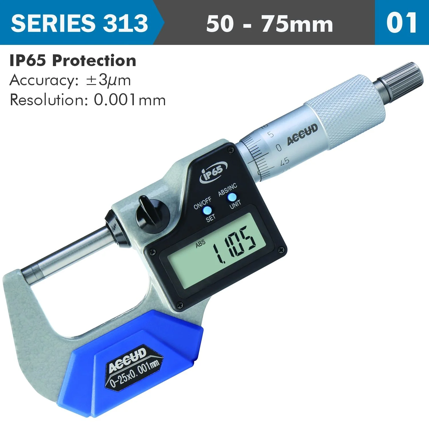AC313-003-01.webp DIG. OUTSIDE MICROMETER 50-75MM 0.003MM ACC. IP65 0.001MM RES. - Image 1