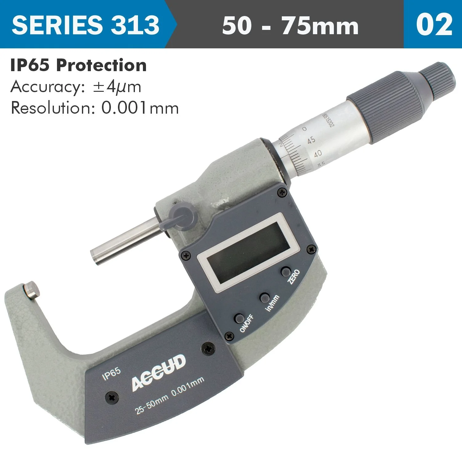 AC313-003-02.webp DIG. OUTSIDE MICROMETER 50-75MM 0.004MM ACC. IP65 0.001MM RES. - Image 1