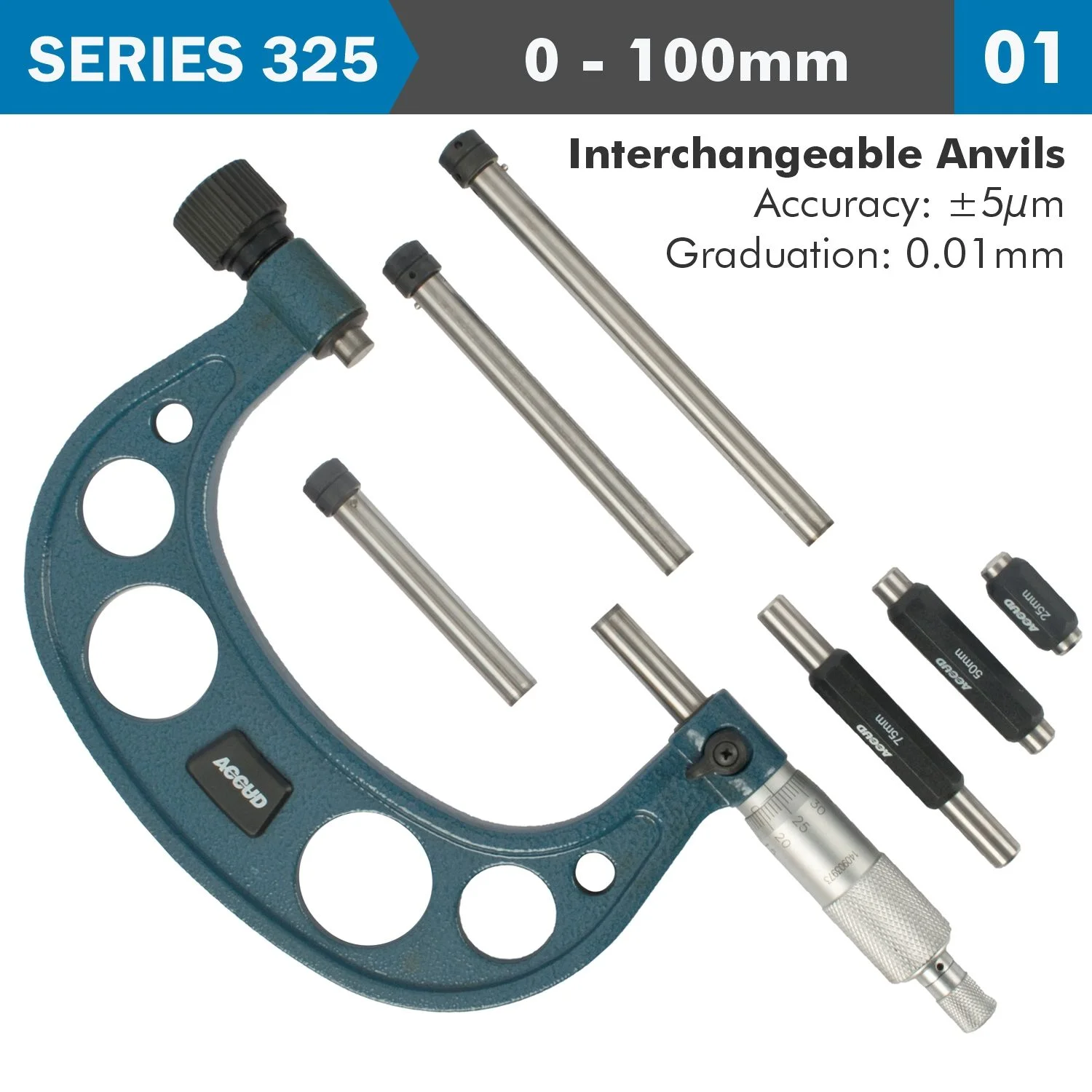 AC325-004-01.webp OUTSIDE MICROMETER 100MM 0.004MM ACC. 0.01MM GRAD. WITH INTERCH. ANVIL - Image 1