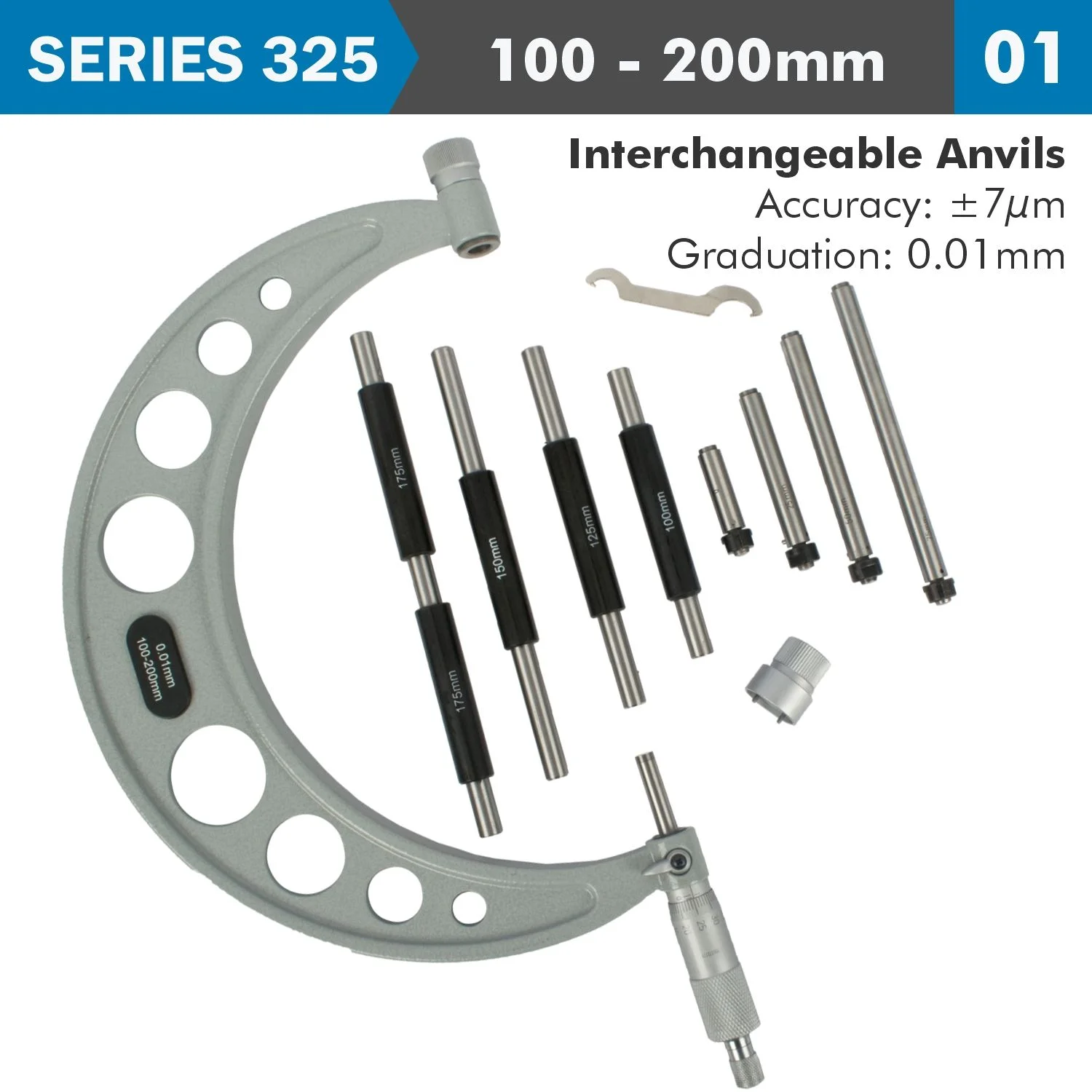 AC325-008-01.webp OUTSIDE MICROMETER 100-200MM 0.004MM ACC. 0.01MM GRAD. WITH INTERCH. A - Image 1