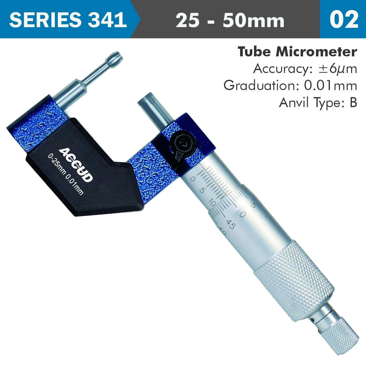 AC341-002-02.webp TUBE MICROMETER 25-50MM 0.006MM ACC. 8X3.4MM ANVIL 0.01MM GRAD. - Image 1