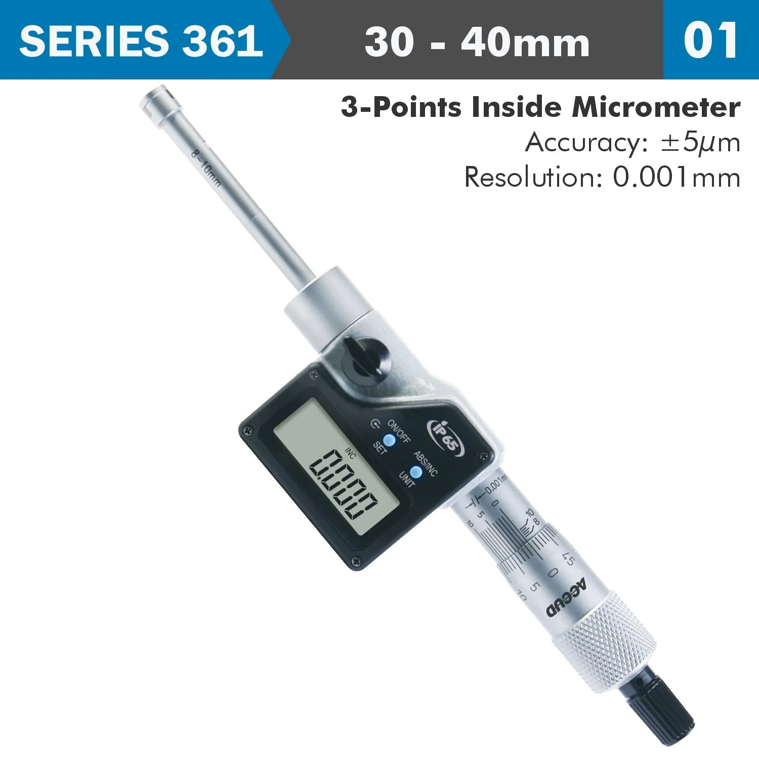 AC361-008-01.webp DIG. 3 POINTS INSIDE MICROMETER 30-40MM 0.004MM ACC. 0.001MM RES. - Image 1