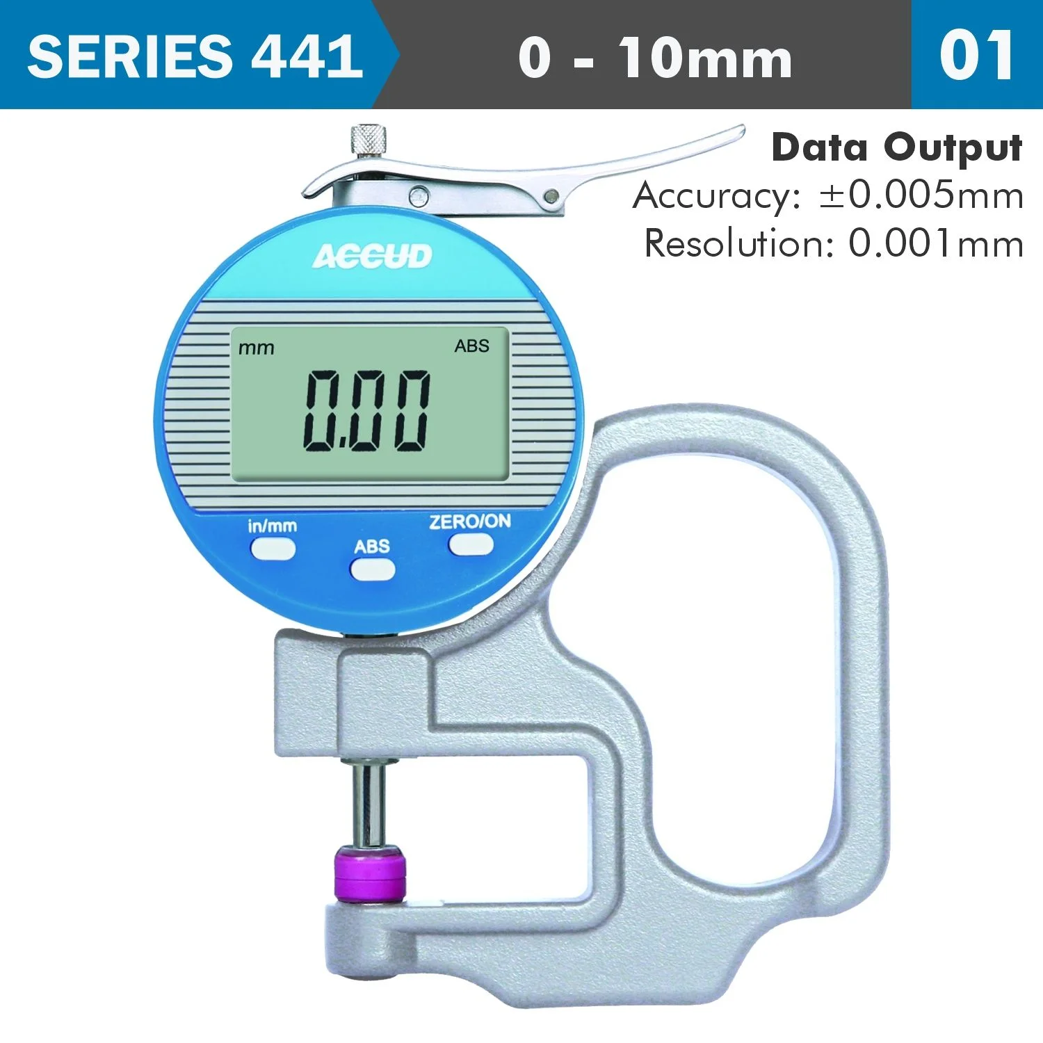 AC441-010-01.webp DIG. THICKNESS GAUGE 10MM 0.005MM ACC. 0.001MM RES. CERAMIC ANVIL - Image 1