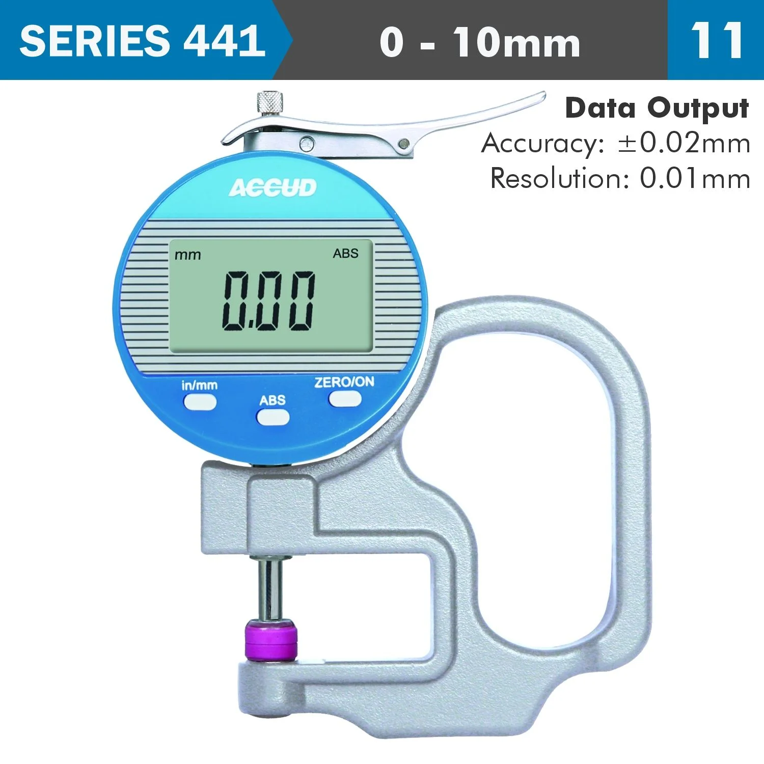AC441-010-11.webp DIG. THICKNESS GAUGE 10MM 0.02MM ACC. 0.01MM RES. CERAMIC ANVIL - Image 1
