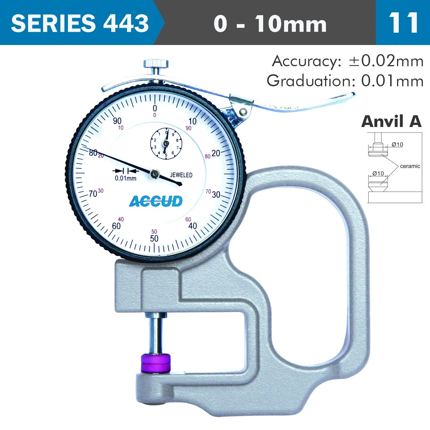 AC443-010-11.webp THICKNESS GAUGE 10MM 0.02MM ACC. CERAMIC ANVIL 0.01MM GRAD. - Image 1
