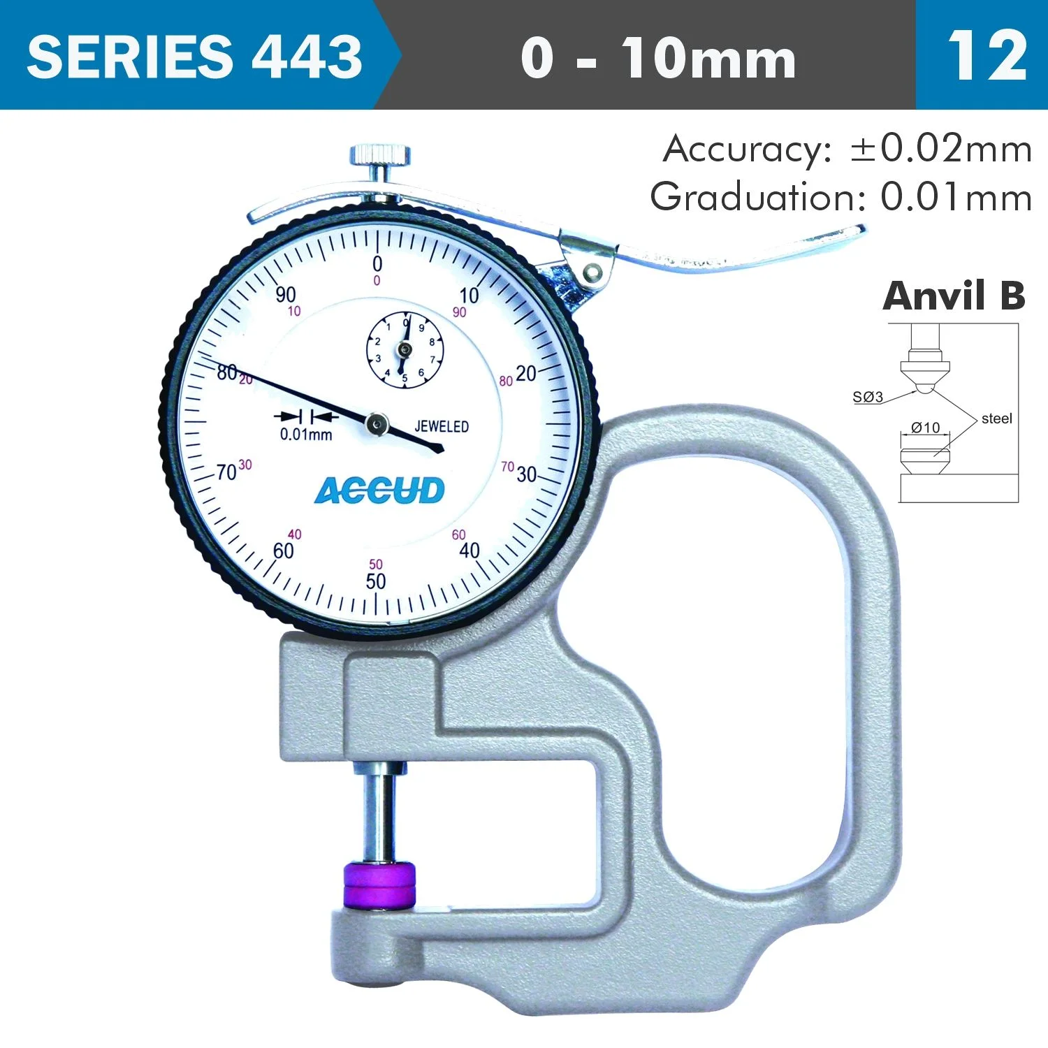 AC443-010-12.webp THICKNESS GAUGE 10MM 0.02MM ACC. STEEL ANVIL 0.01MM GRAD. - Image 1