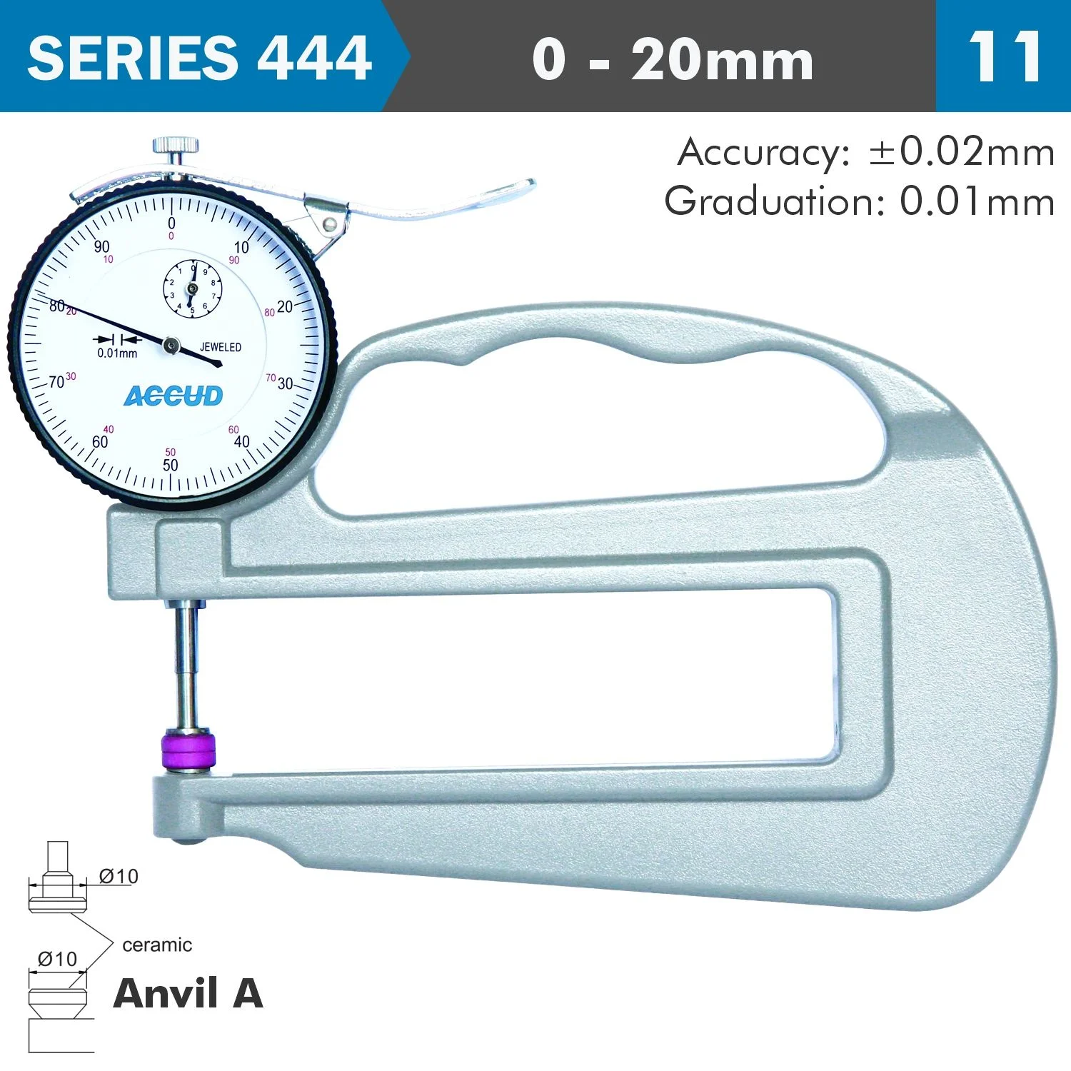 AC444-020-11.webp THICKNESS GAUGE 20MM 0.03MM ACC. LARGE DEPTH CERAMIC ANVIL 0.01MM GRAD - Image 1