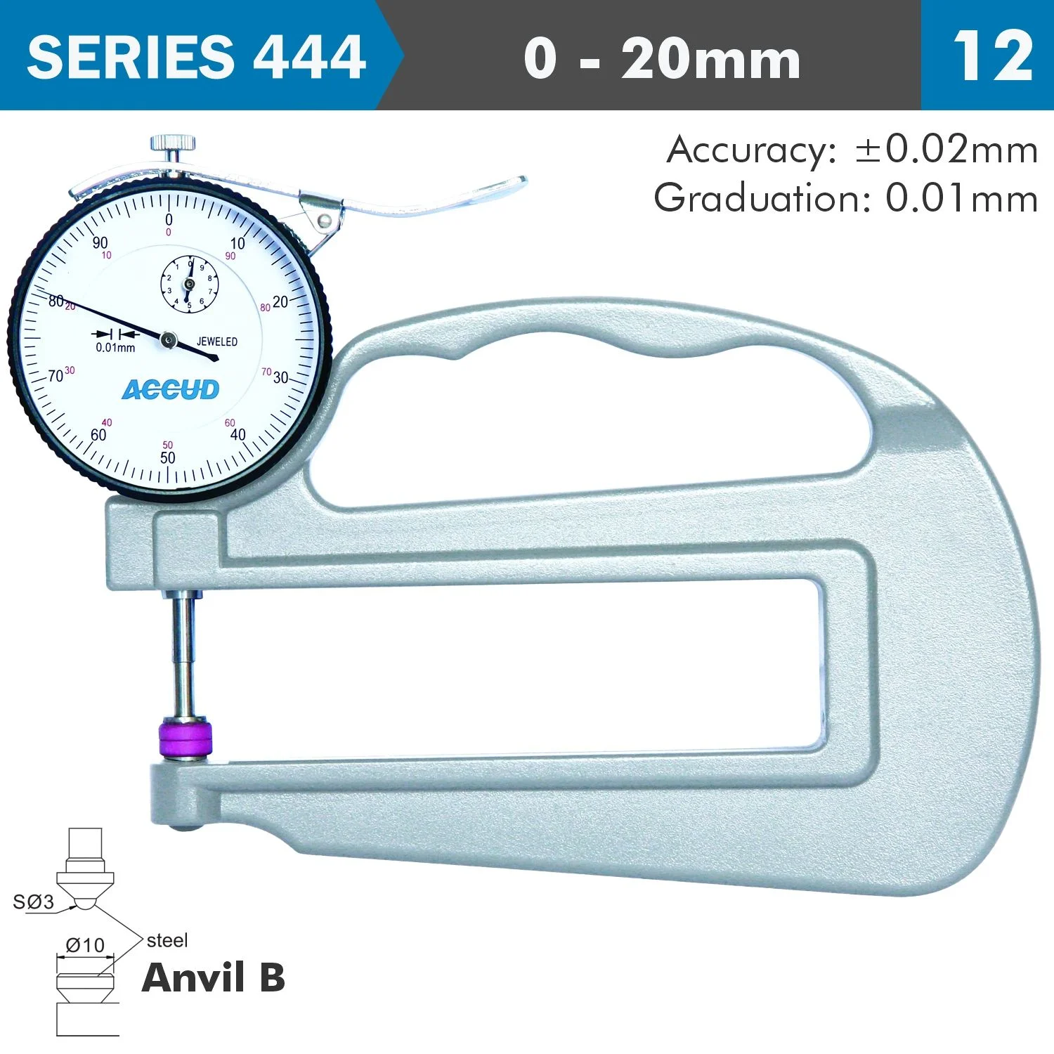 AC444-020-12.webp THICKNESS GAUGE 20MM 0.03MM ACC. LARGE DEPTH STEEL ANVIL 0.01MM GRAD. - Image 1