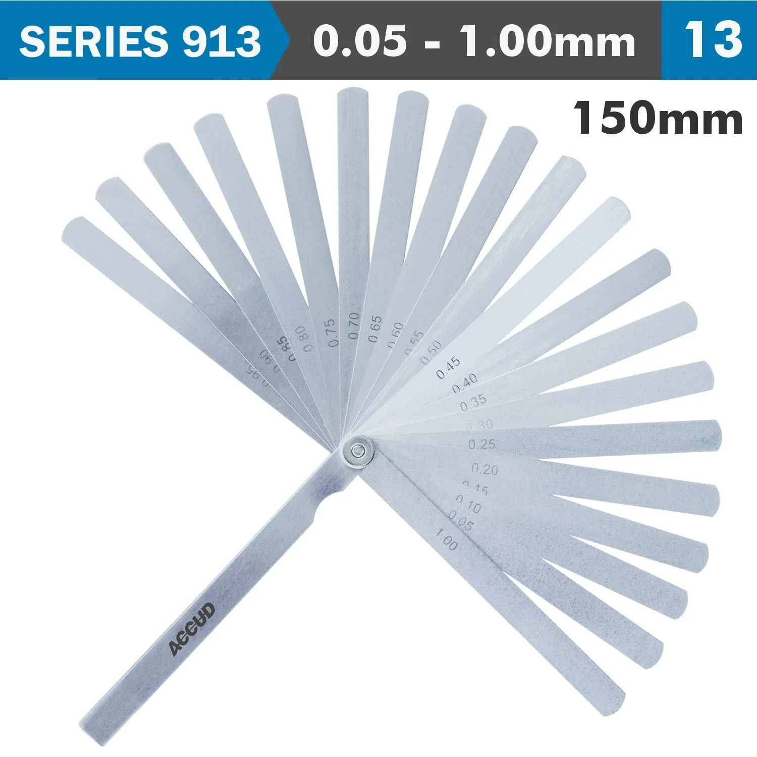AC913-100-13.webp LONG FEELER GAUGE 150MM 0.05-1.00 13 LEAVES DIN2275 - Image 1