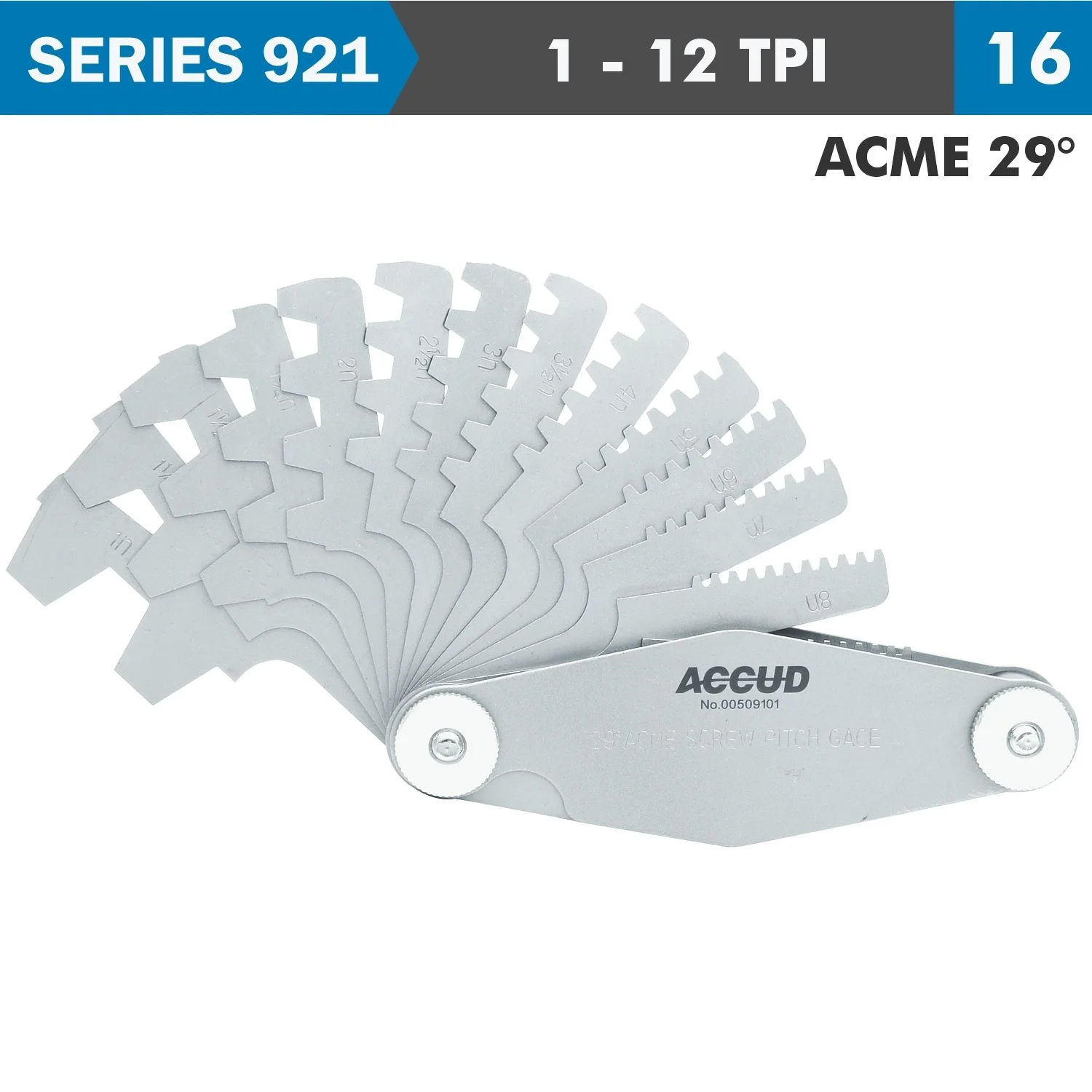 AC921-012-16.webp PITCH GAUGE 1-12TPI 2ACME29 DEG. THREAD 16 LEAVES 0.07MM ACC. - Image 1