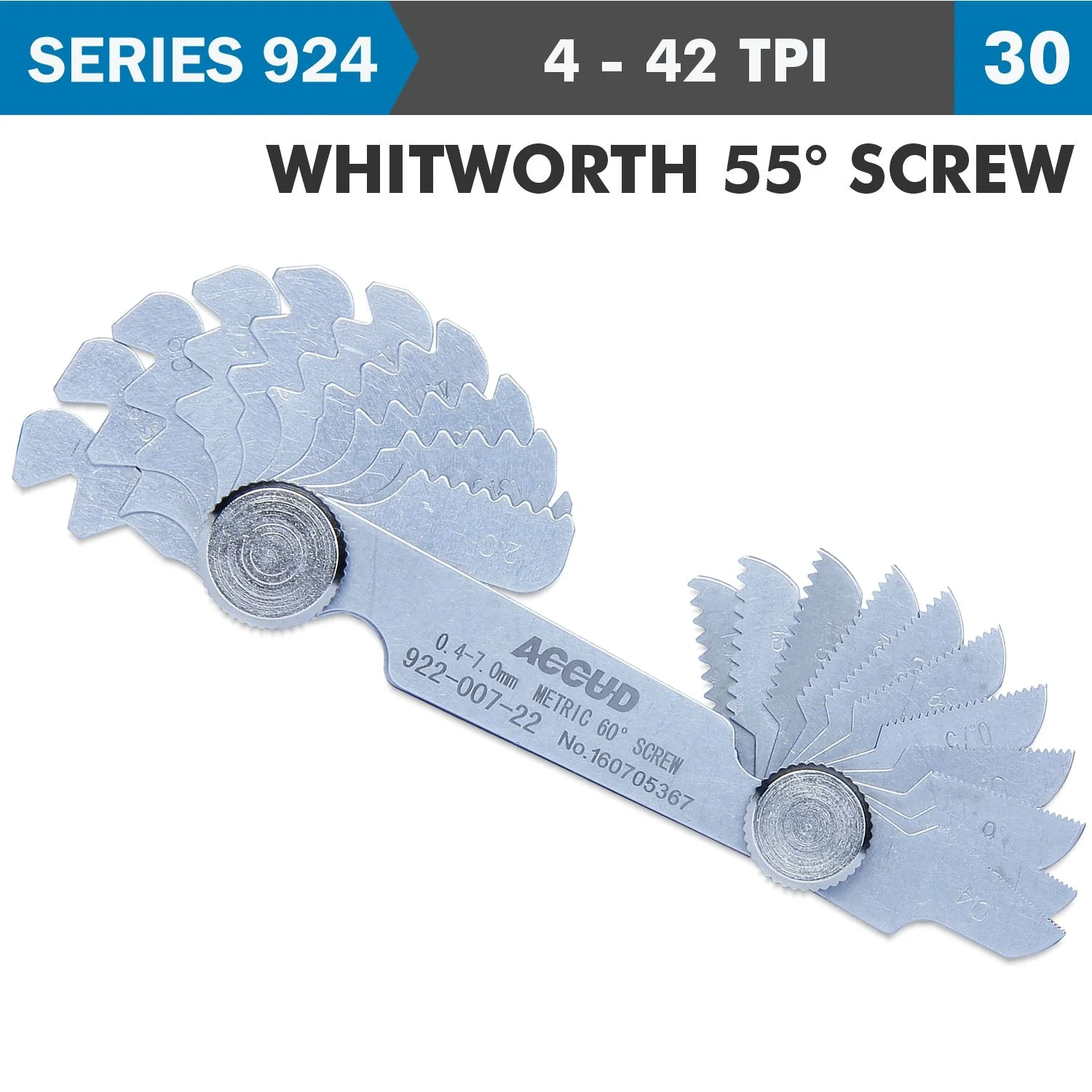 AC924-042-30.webp PITCH GAUGE 4-42TPI 30 LEAVES WHITWORTH 55DEG. SCREW 0.07MM ACC. - Image 1