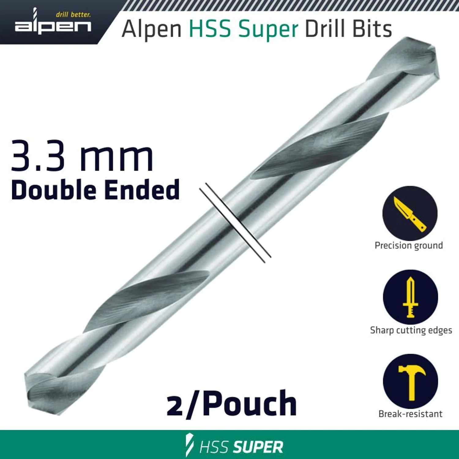 ALP371033.webp HSS SUPER DRILL BIT DOUBLE ENDED 3.3MM 2/POUCH - Image 1