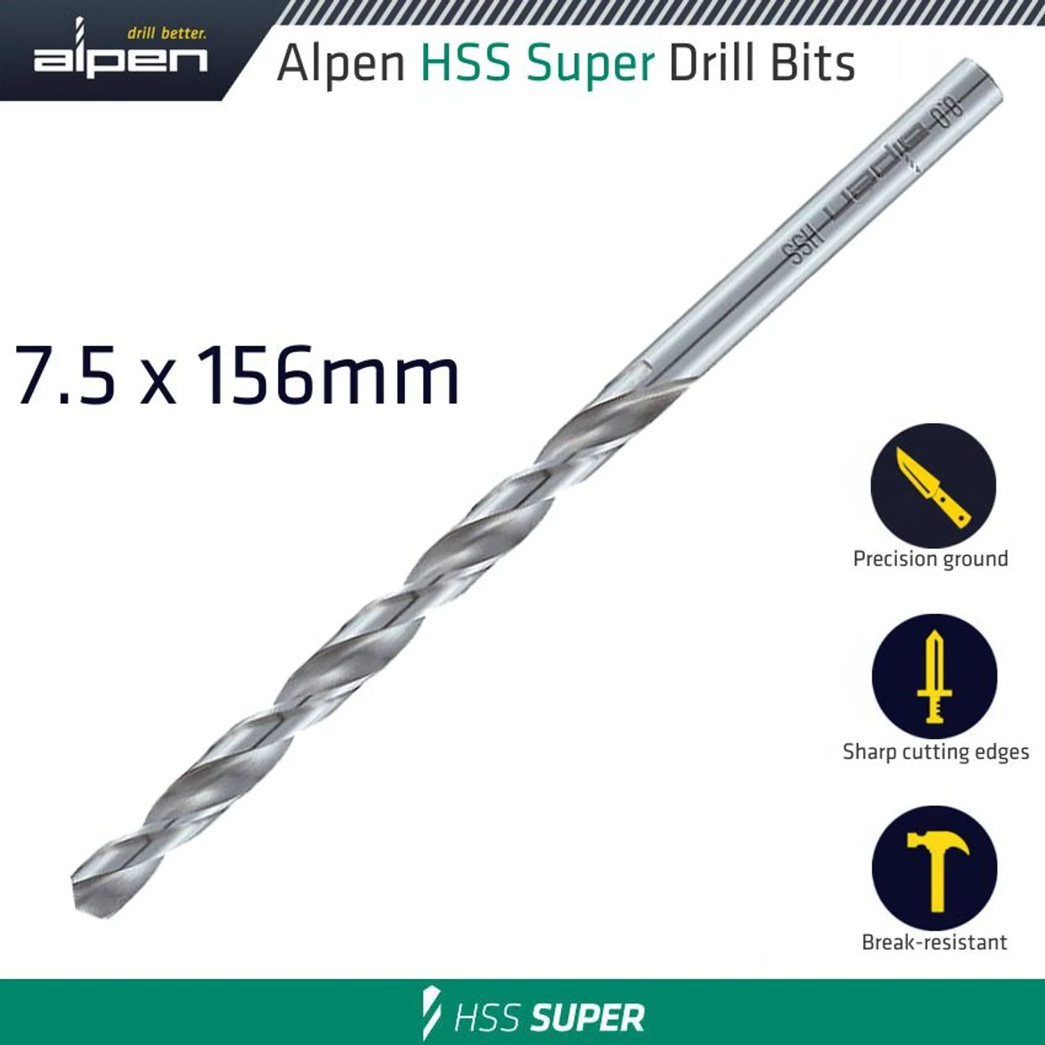 ALP551075.webp HSS DRILL BIT LONG 7.5 X 156MM BULK - Image 1