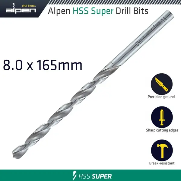 HSS DRILL BIT LONG 8 X 165MM BULK