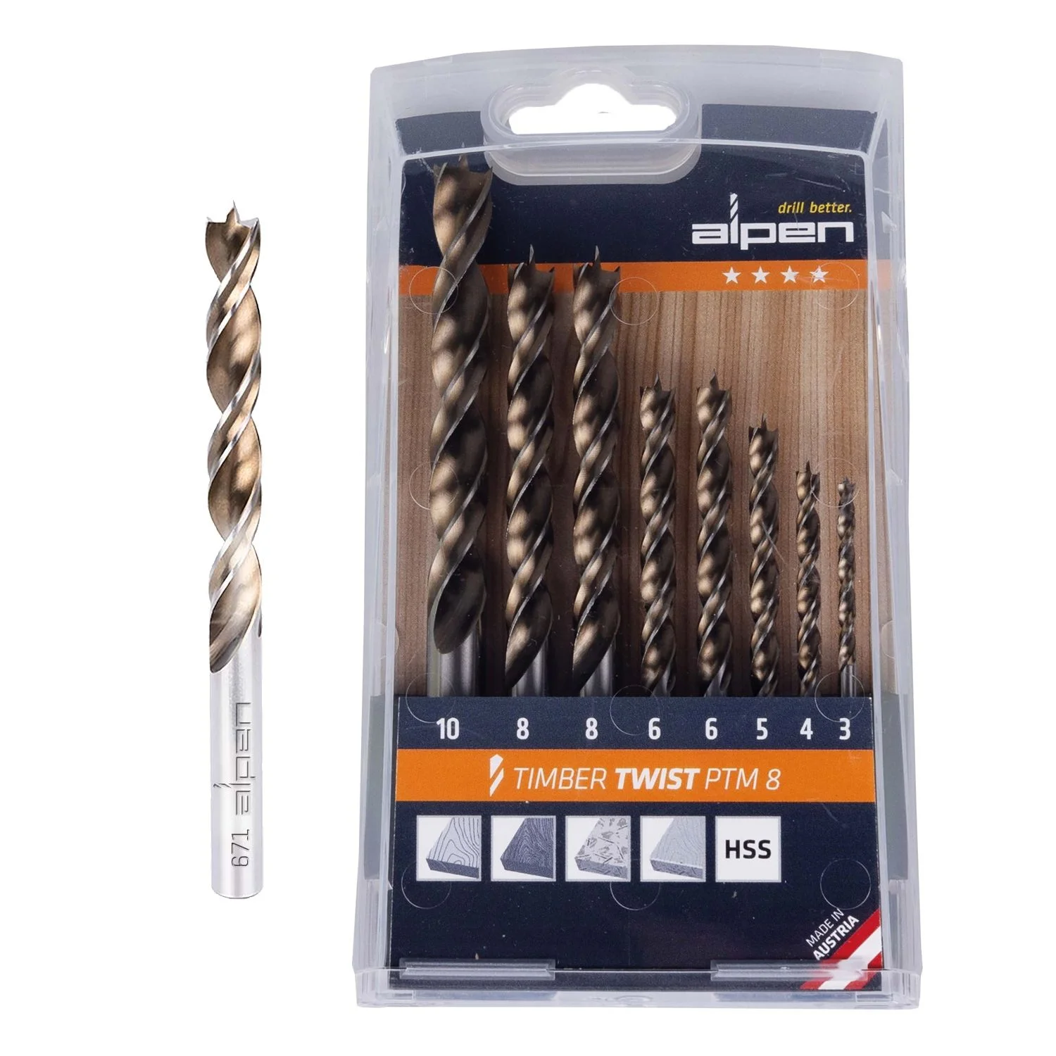ALP671000081.webp TIMBER TWIST WOOD DRILL BIT SET PTM8-8 3 4 5 10.0MM X2 6 8.0MM - Image 1
