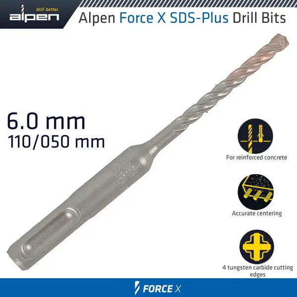 FORCE X 6.0 X 110/050 SDS-PLUS REBAR DRILL BIT X4 CUTTING EDGES - BULK