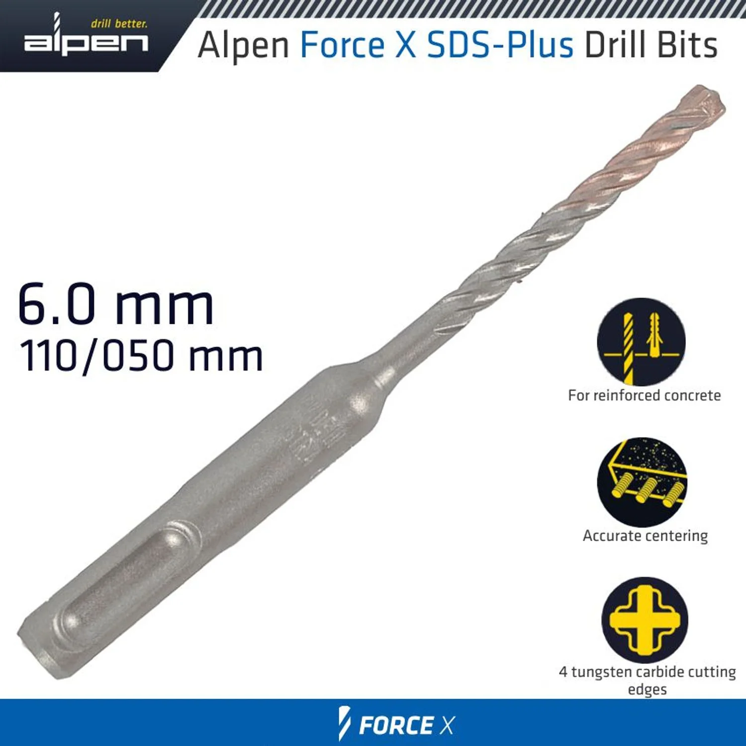 ALP762006.webp FORCE X 6.0 X 110/050 SDS-PLUS REBAR DRILL BIT X4 CUTTING EDGES - BULK - Image 1
