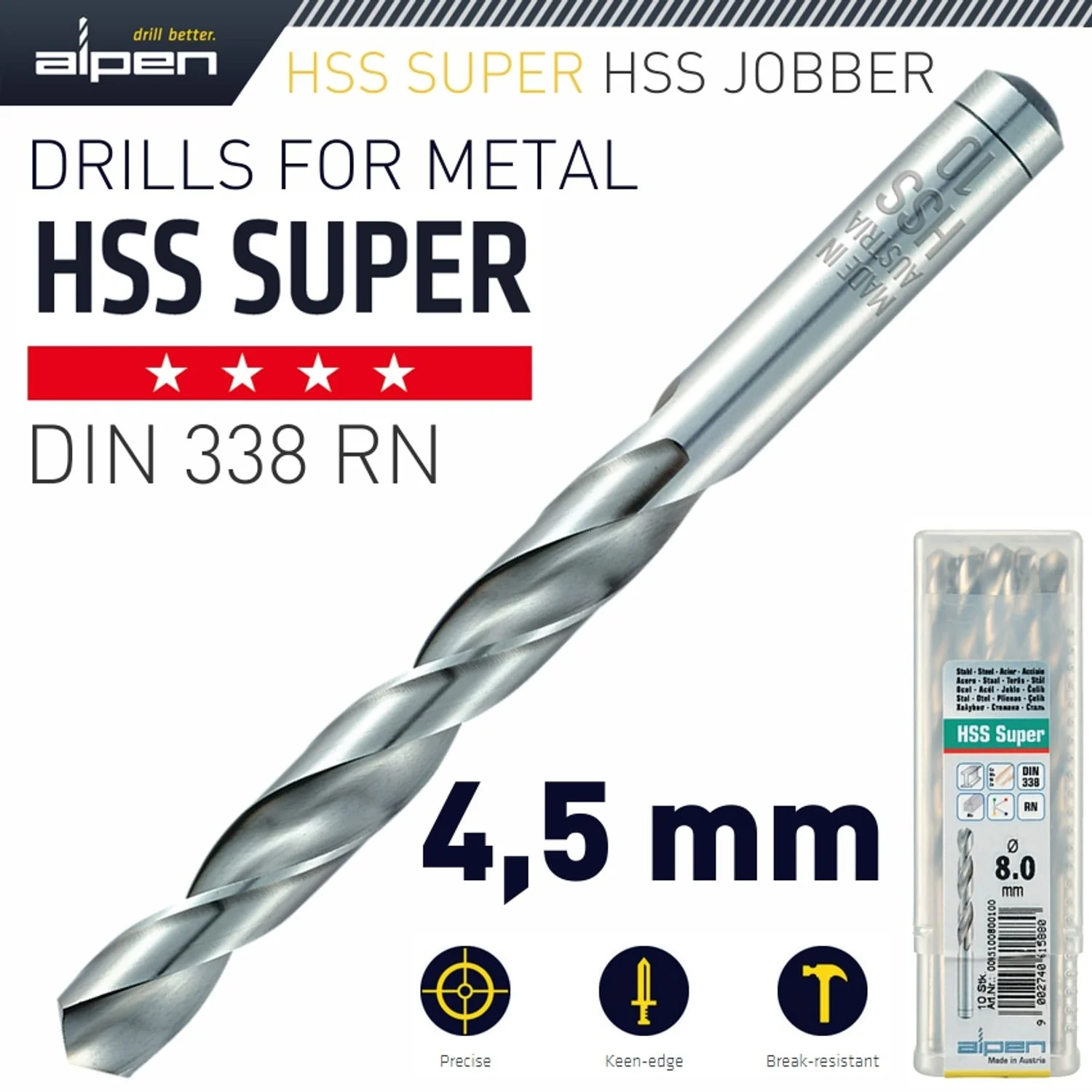 ALP951045.webp HSS SUPER DRILL BIT 4.5MM BULK - Image 1
