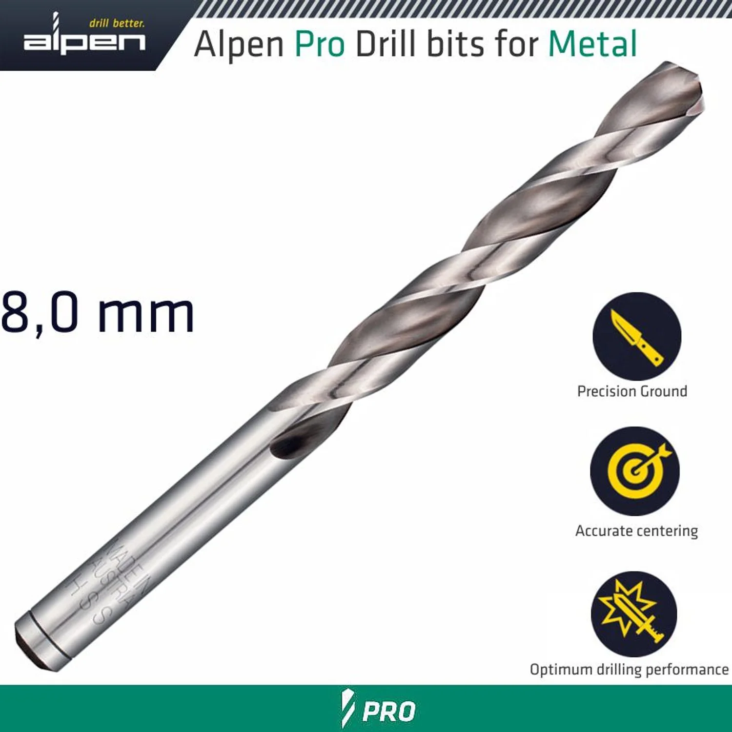 ALP954008.webp ALPEN PRO HSS DRILL DIN 338 RN 135 WITH SPLIT POINT 8.0MM BULK - Image 1