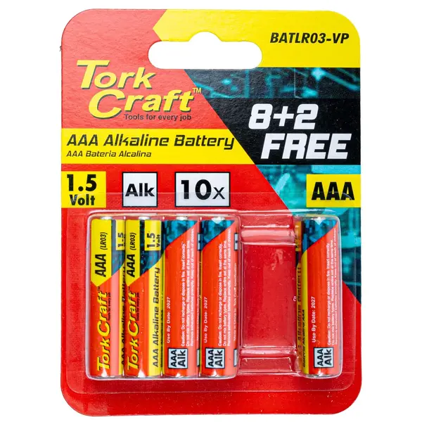BATTERY AAA 1.5V VALUE PACK 10 PACK 8 + 2 FREE CARDED ALKALINE