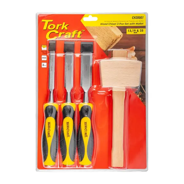 CHISEL SET WOOD 3 PIECE PLUS WOODEN MALLET BLISTER