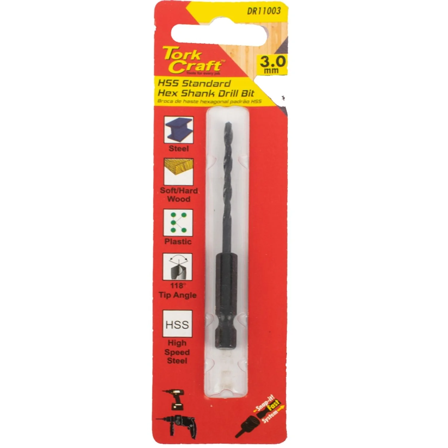 DR11003.webp DRILL BIT HSS STANDARD 3.0MM HEX SHANK 1/CARD - Image 1