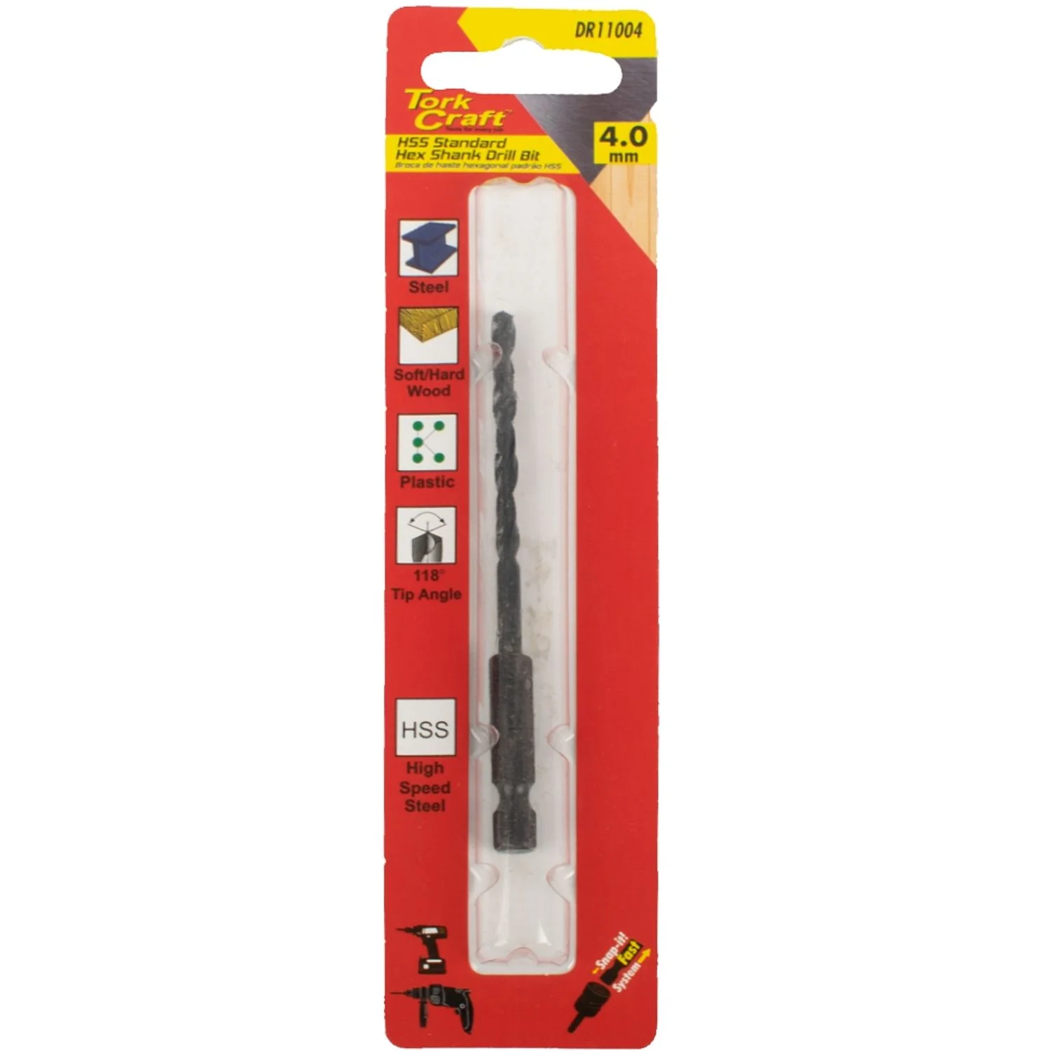 DR11004.webp DRILL BIT HSS STANDARD 4.0MM HEX SHANK 1/CARD - Image 1