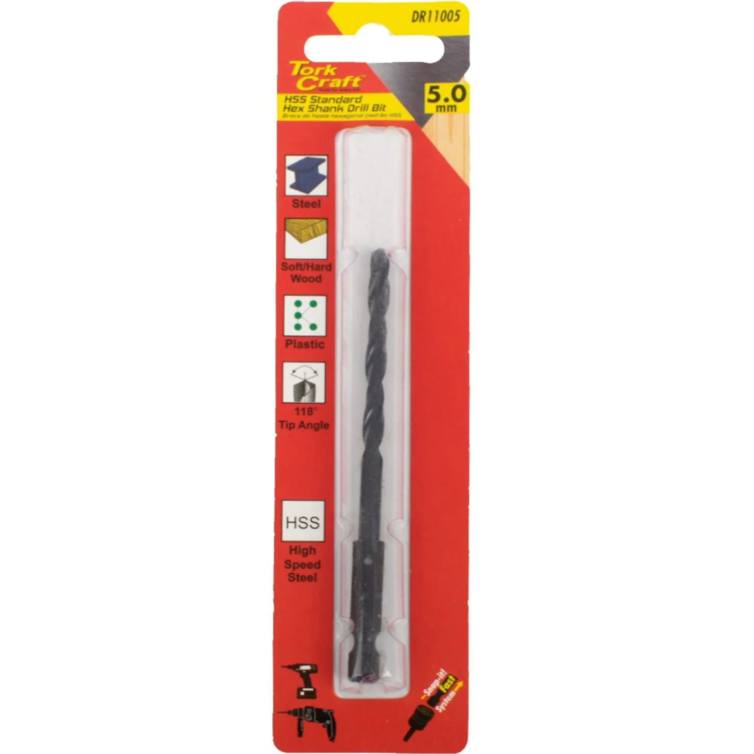 DR11005.webp DRILL BIT HSS STANDARD 5.0MM HEX SHANK 1/CARD - Image 1